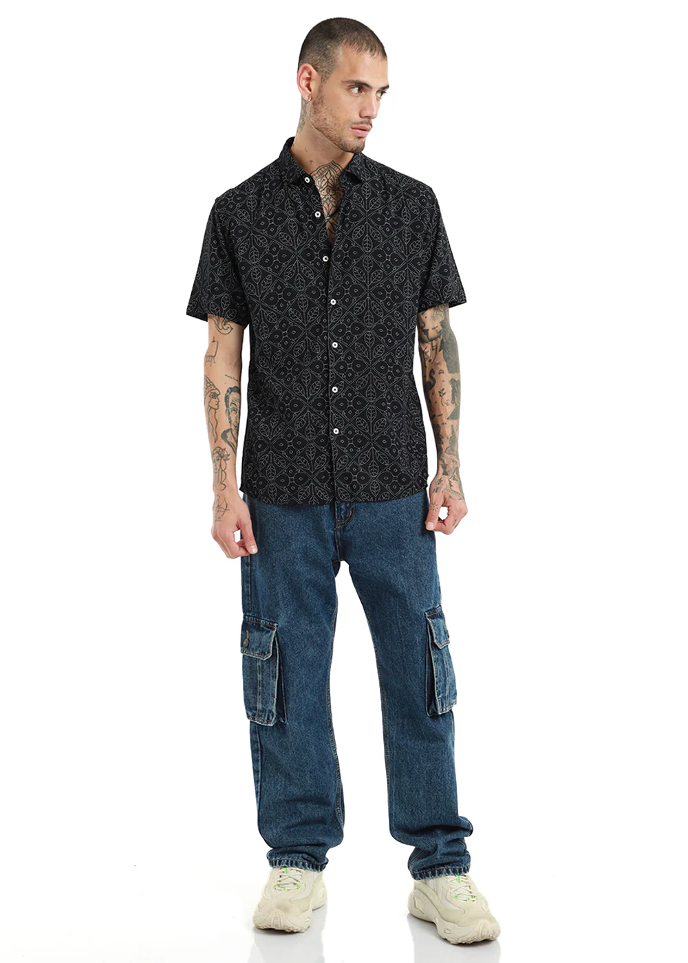 Emblematic Black Leaf Print Half Sleeve Shirt - Image 6