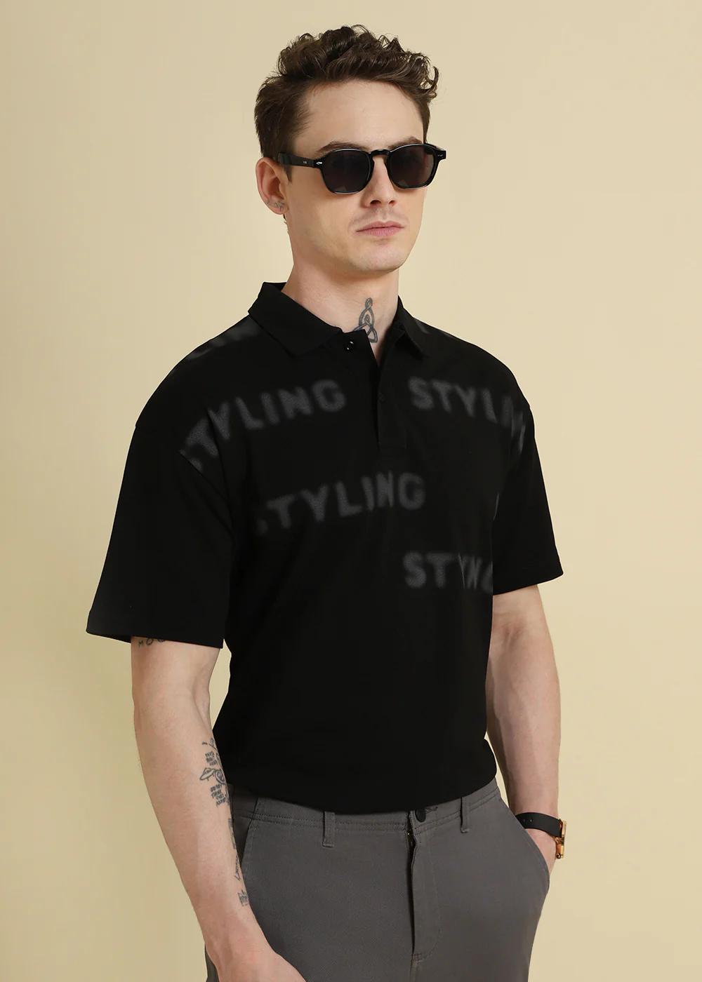Faded Print Black Polo T-shirt - Image 5