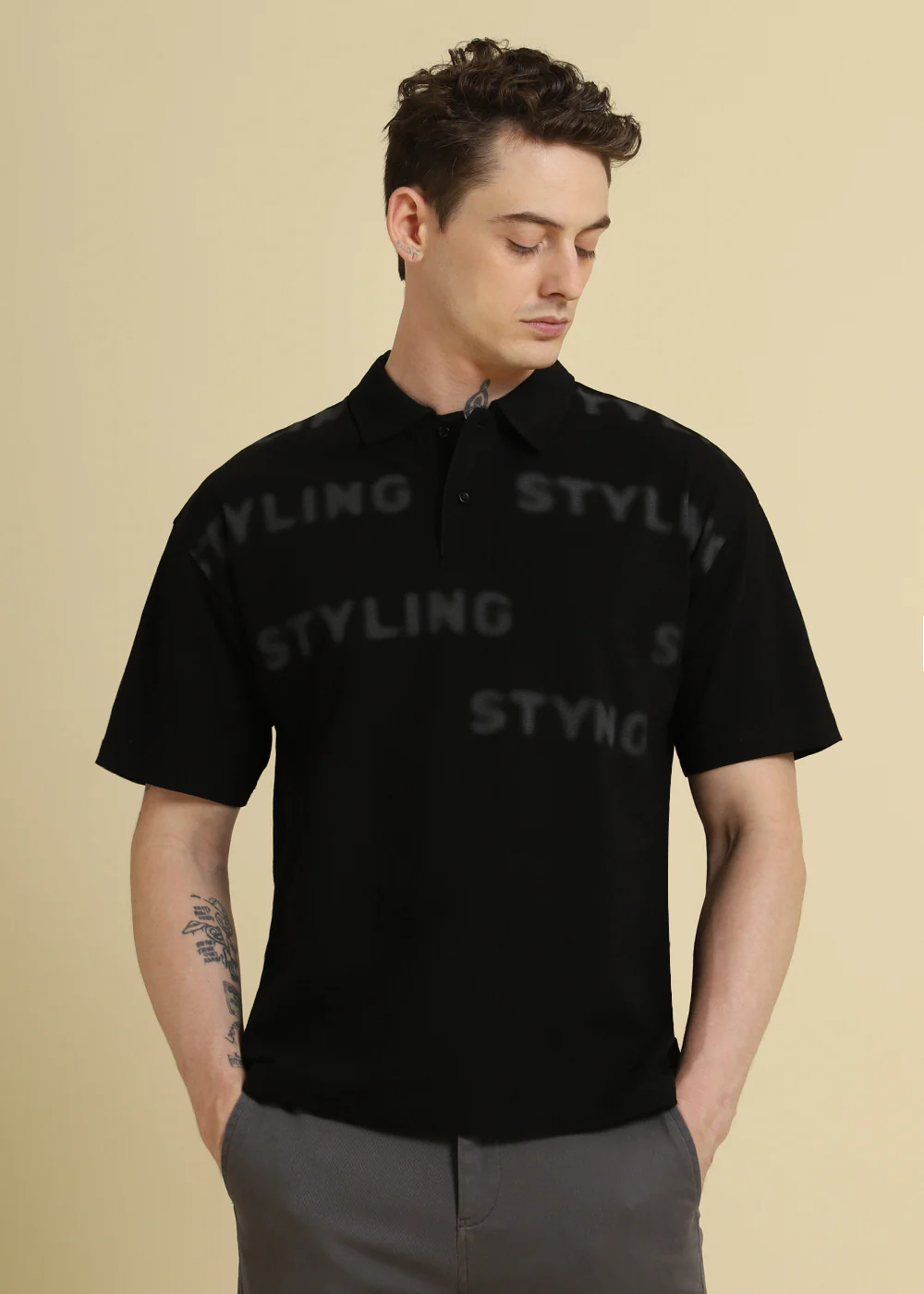 Faded Print Black Polo T-shirt - Image 6
