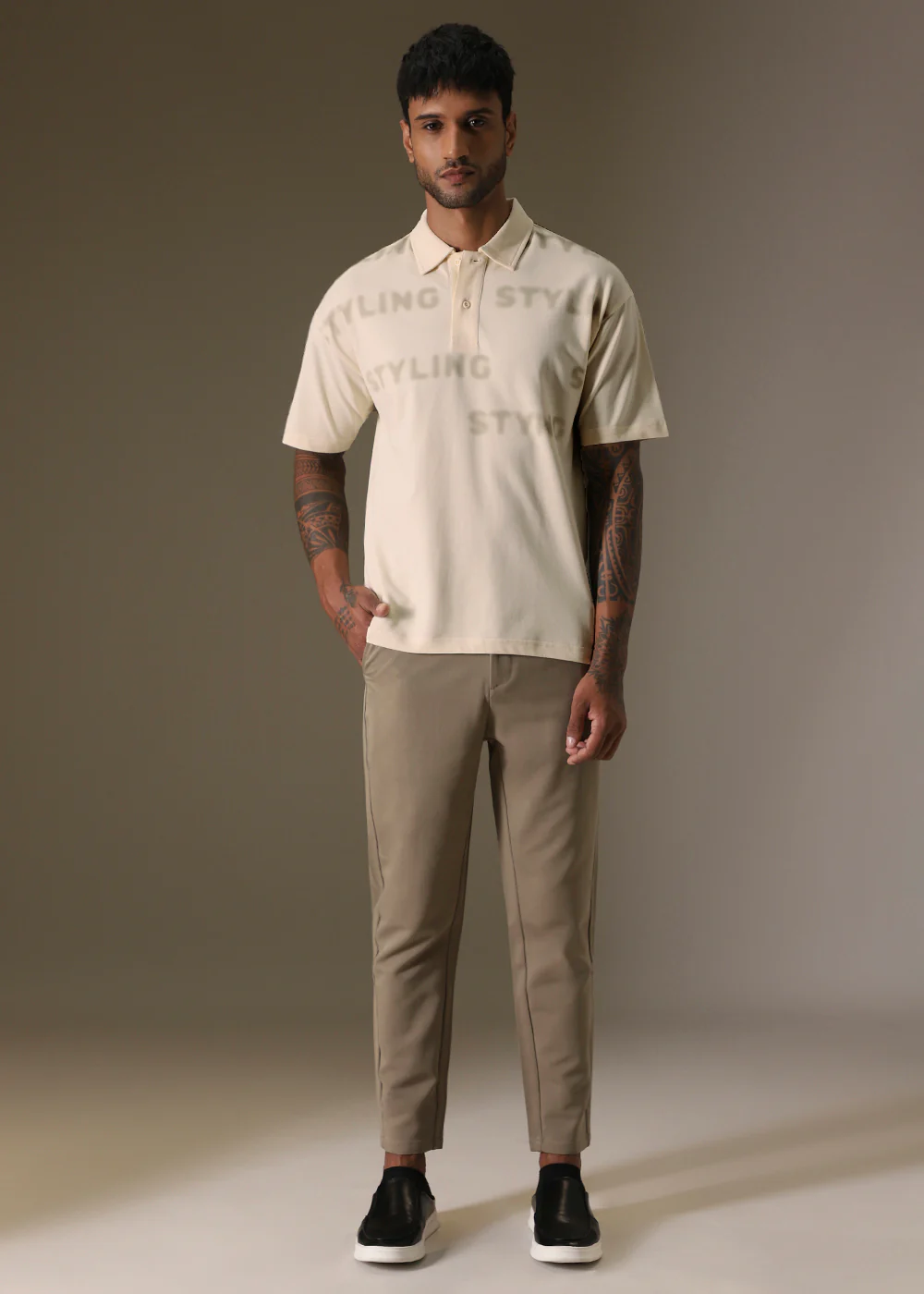 Faded Print Cream Polo T-shirt - Image 7