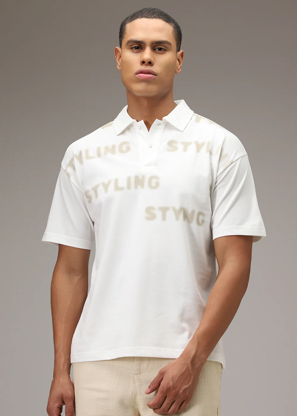 Faded Print White Polo T-shirt - Image 5