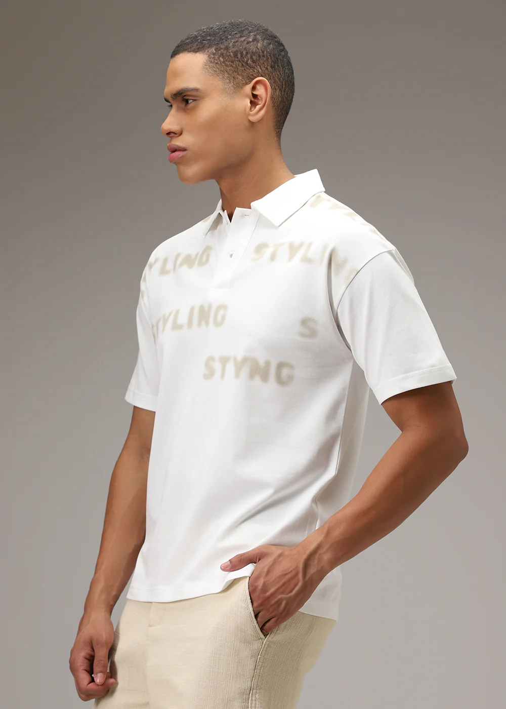 Faded Print White Polo T-shirt - Image 6