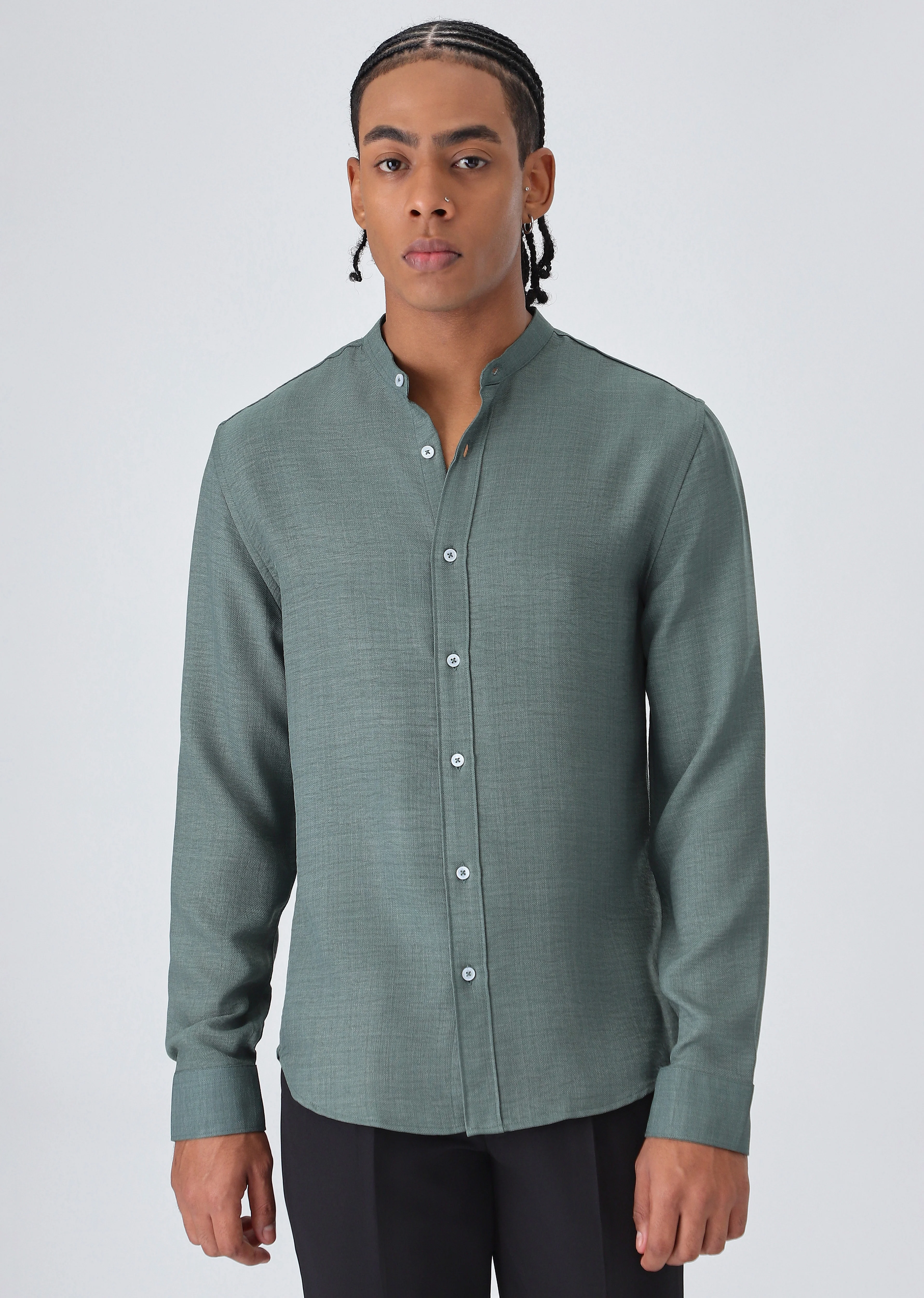 Fern Green Plain Mandarin Collar Shirt - Image 3