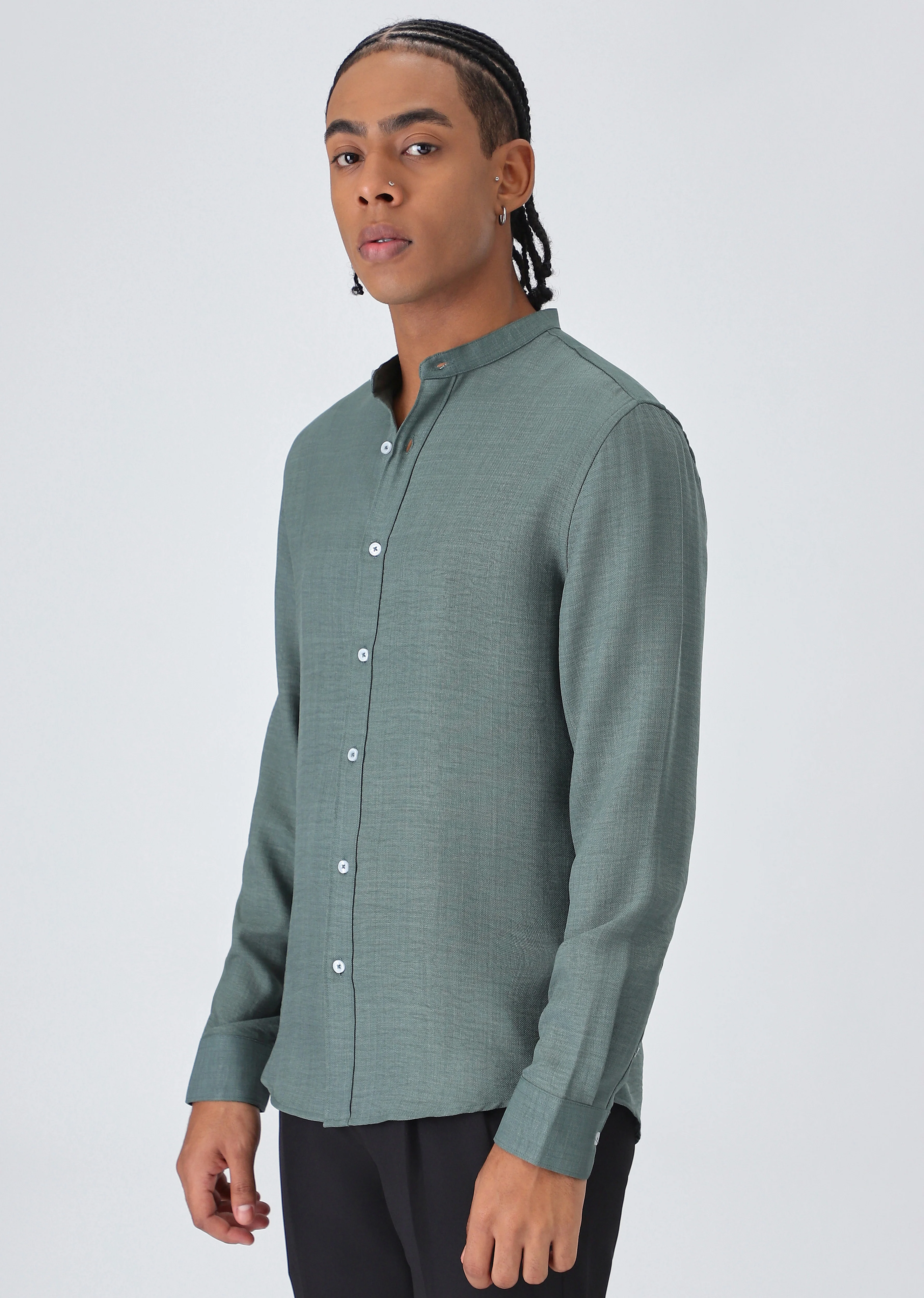 Fern Green Plain Mandarin Collar Shirt - Image 4