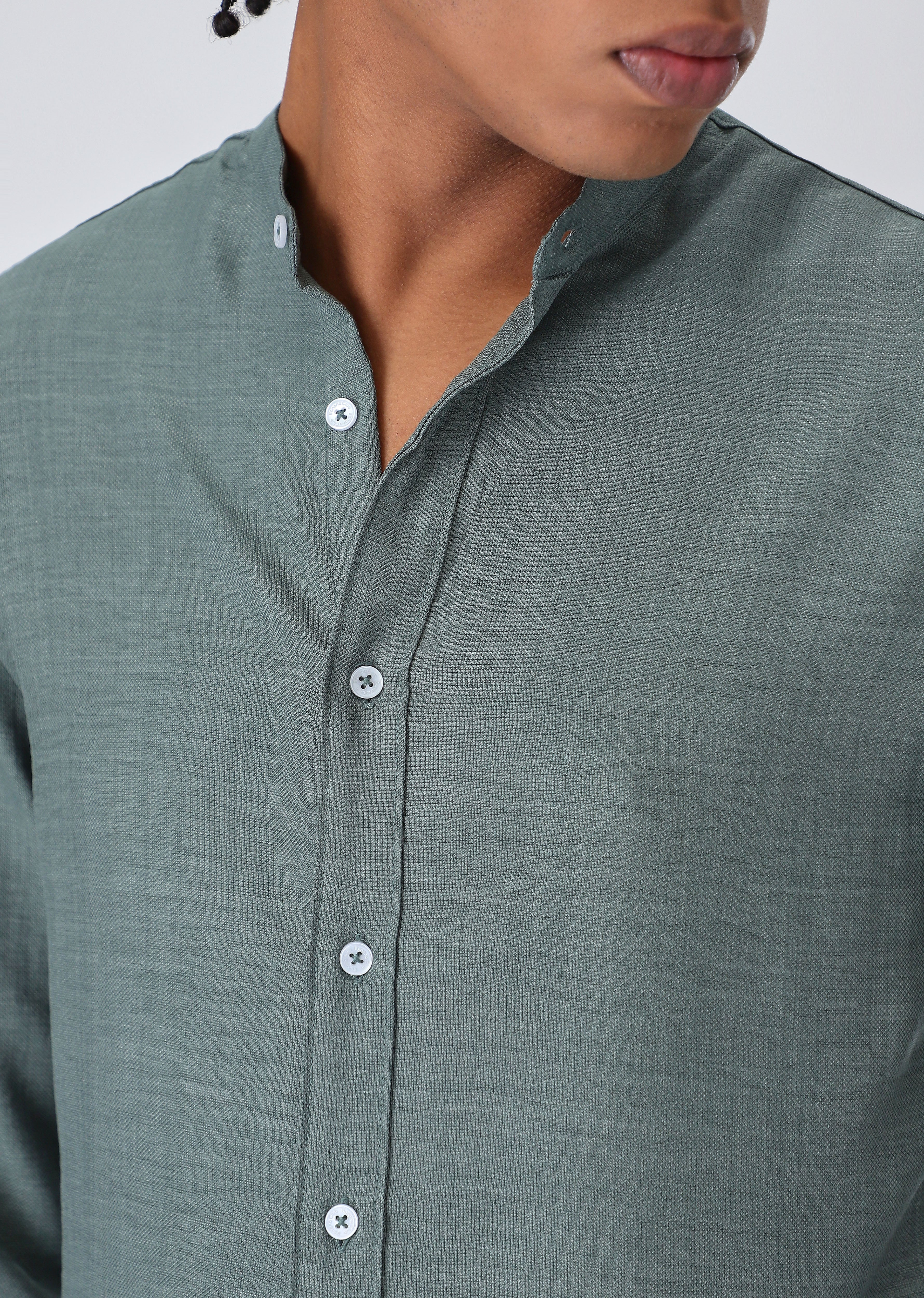 Fern Green Plain Mandarin Collar Shirt - Image 5