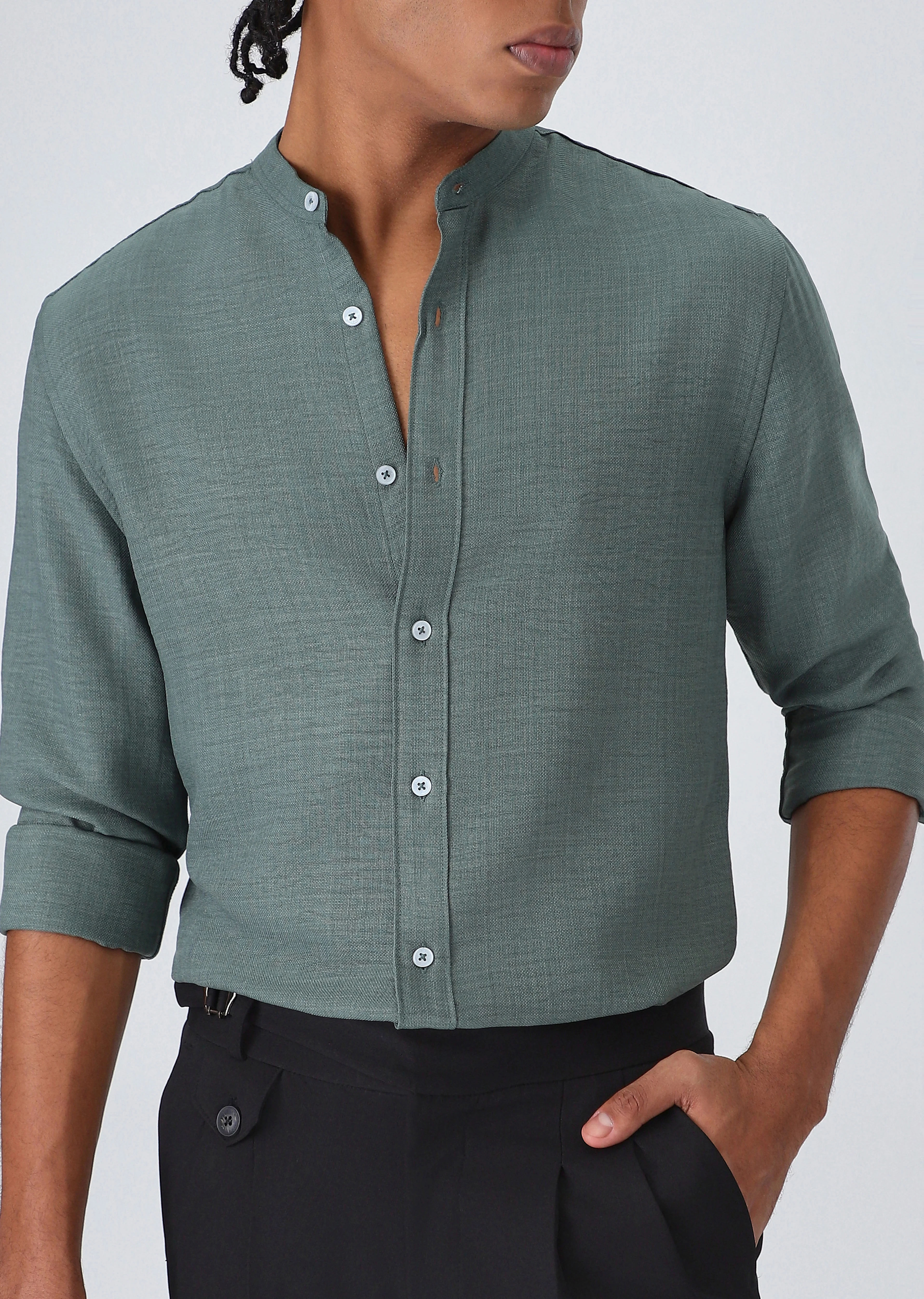 Fern Green Plain Mandarin Collar Shirt - Image 7