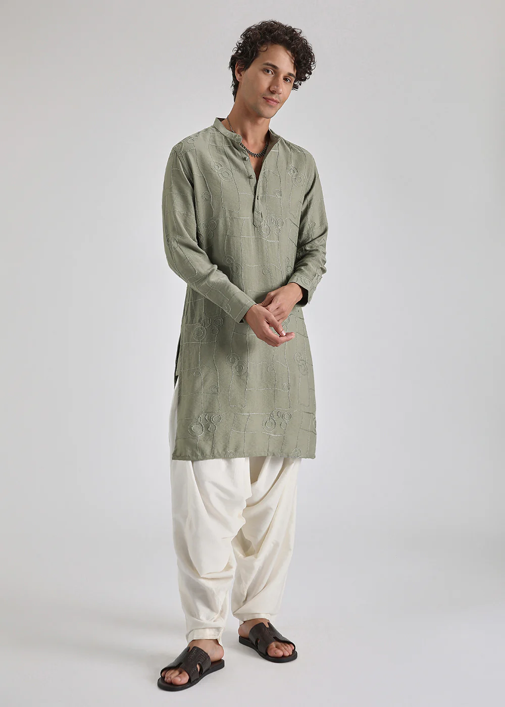 Fern Green Self Thread Embroidered Kurta - Image 3
