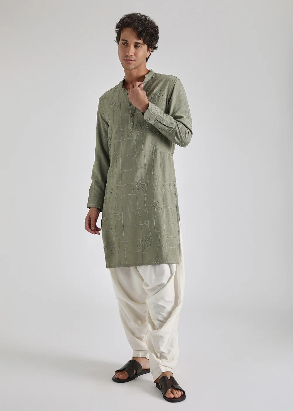 Fern Green Self Thread Embroidered Kurta - Image 5