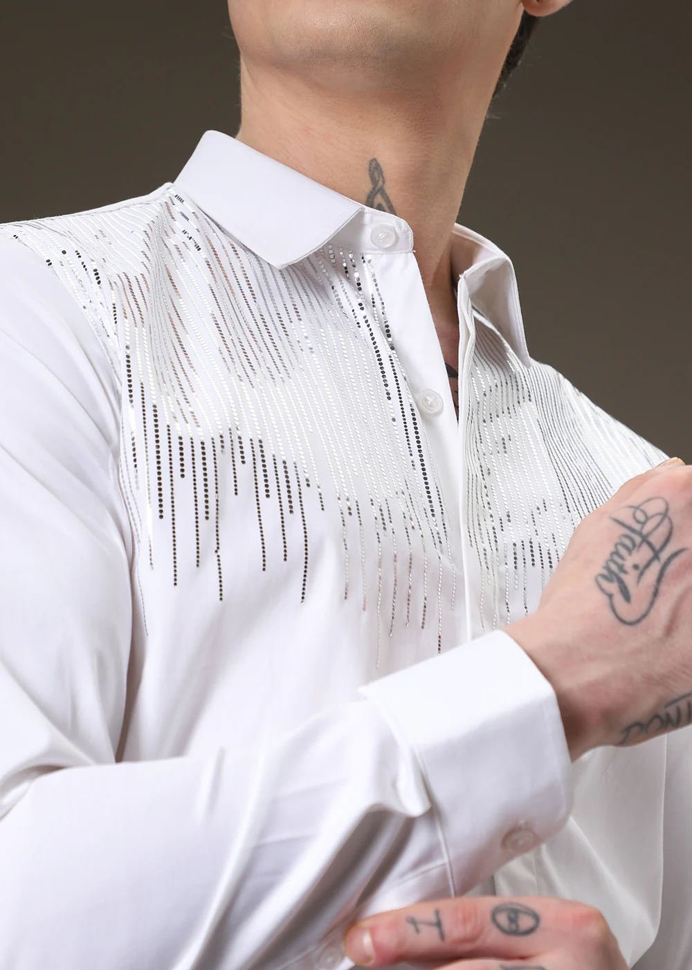 Flecked Sequin White Designer Shirt - Image 2