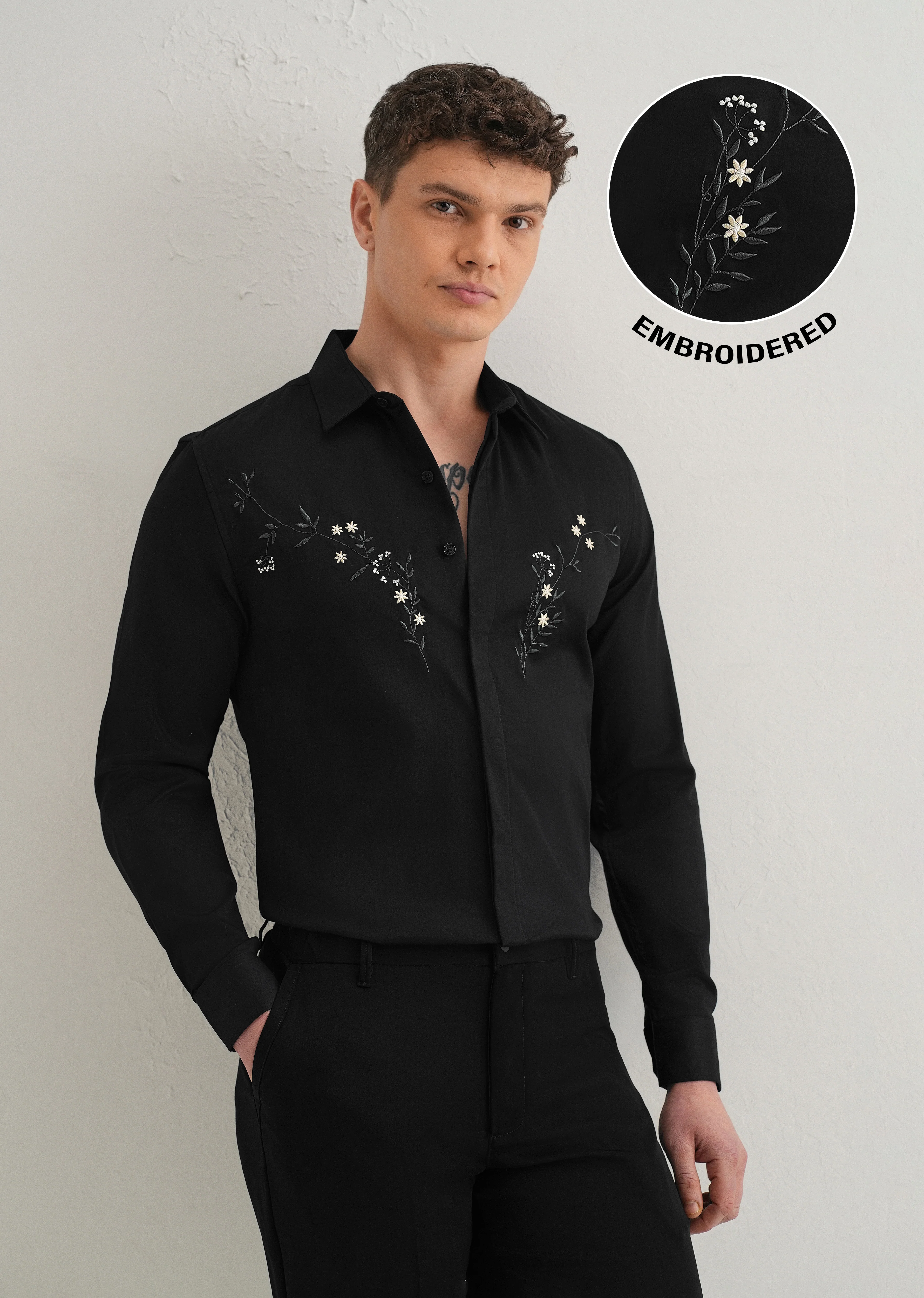 Floral Embroidered Black Designer Shirt - Image 7