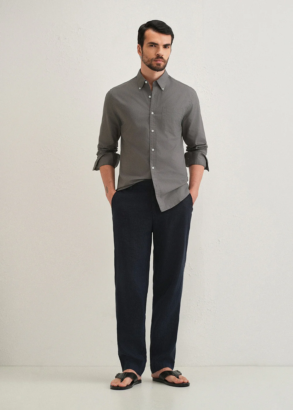 Fossil Grey Plain Cotton Oxford Shirt - Image 6