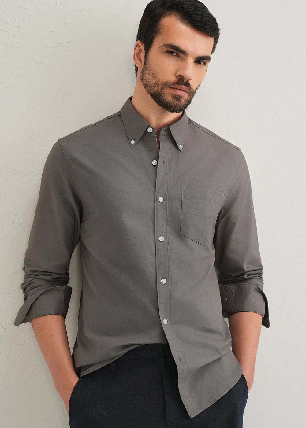Fossil Grey Plain Cotton Oxford Shirt - Image 7