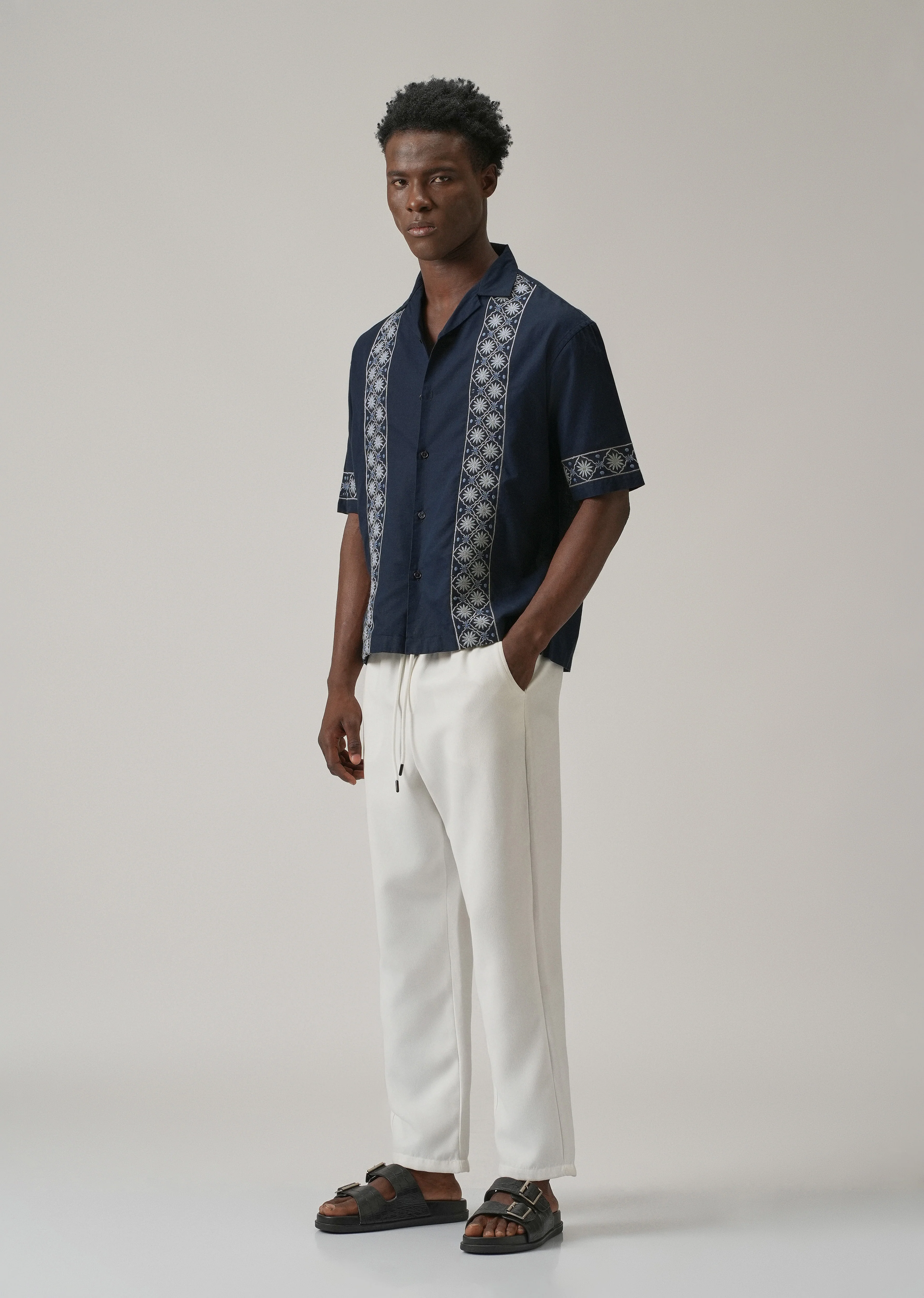 Geometric Embroidery Linen Shirt - Image 7