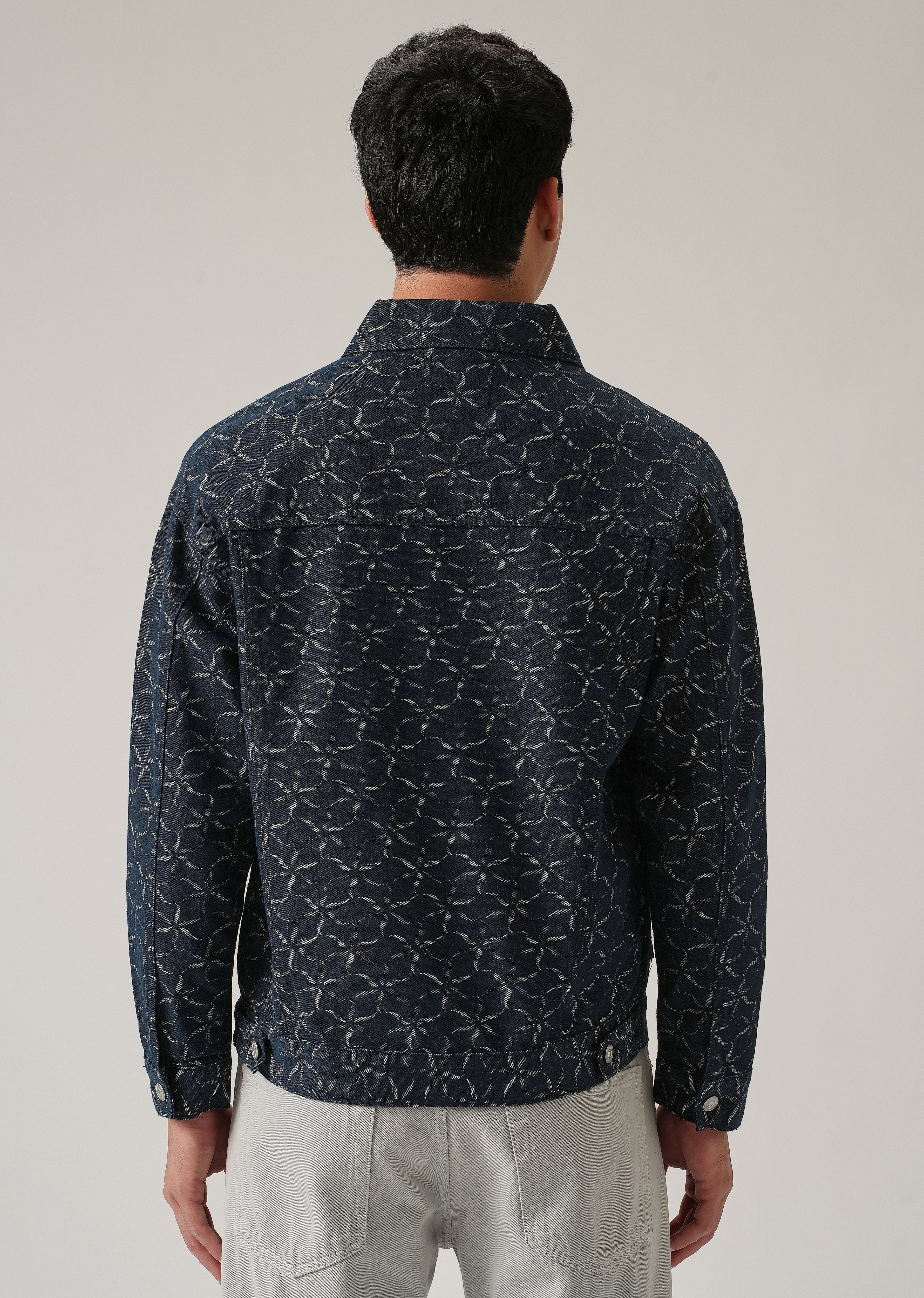 Geometric Floral Denim Jacquard Jacket - Image 2