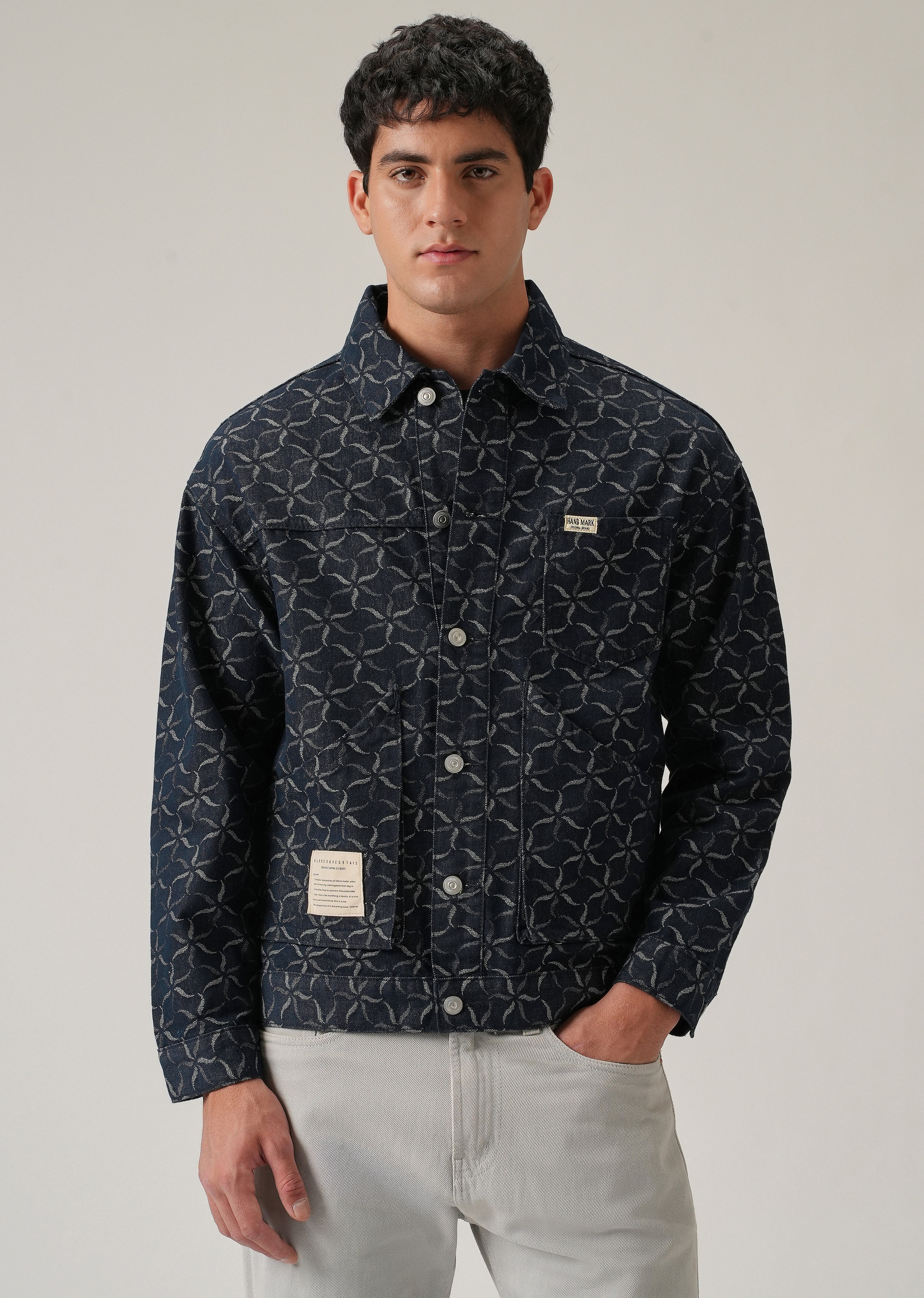 Geometric Floral Denim Jacquard Jacket - Image 3