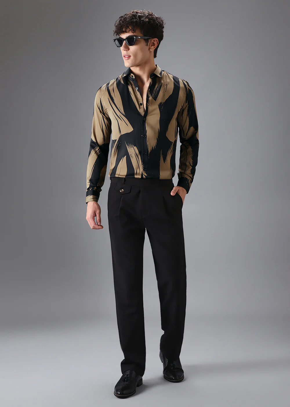 Gold Black Brush Abstract Printed Shirt - Image 6