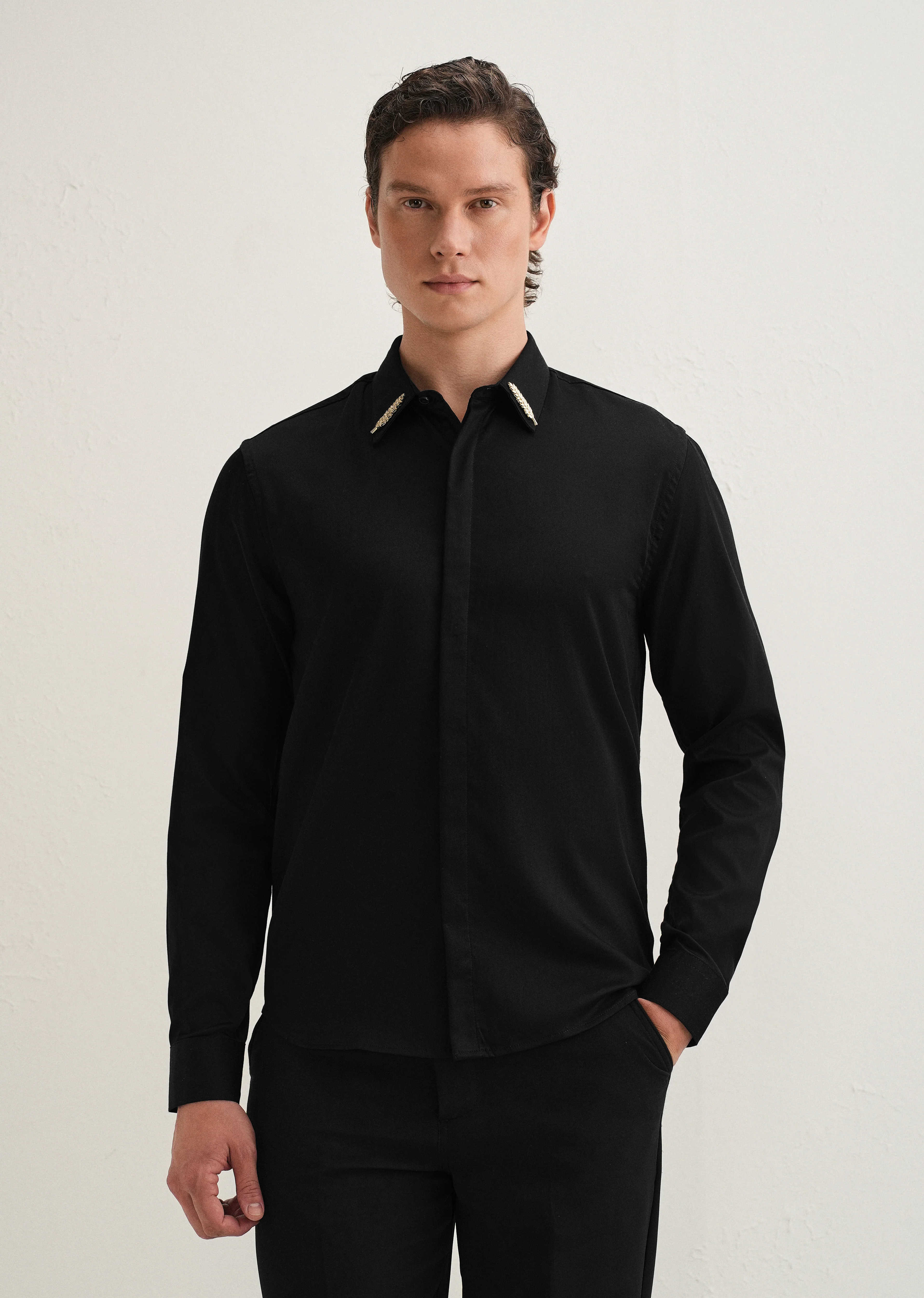 Gold Embellished Collar Black Designer Shirt - Image 3