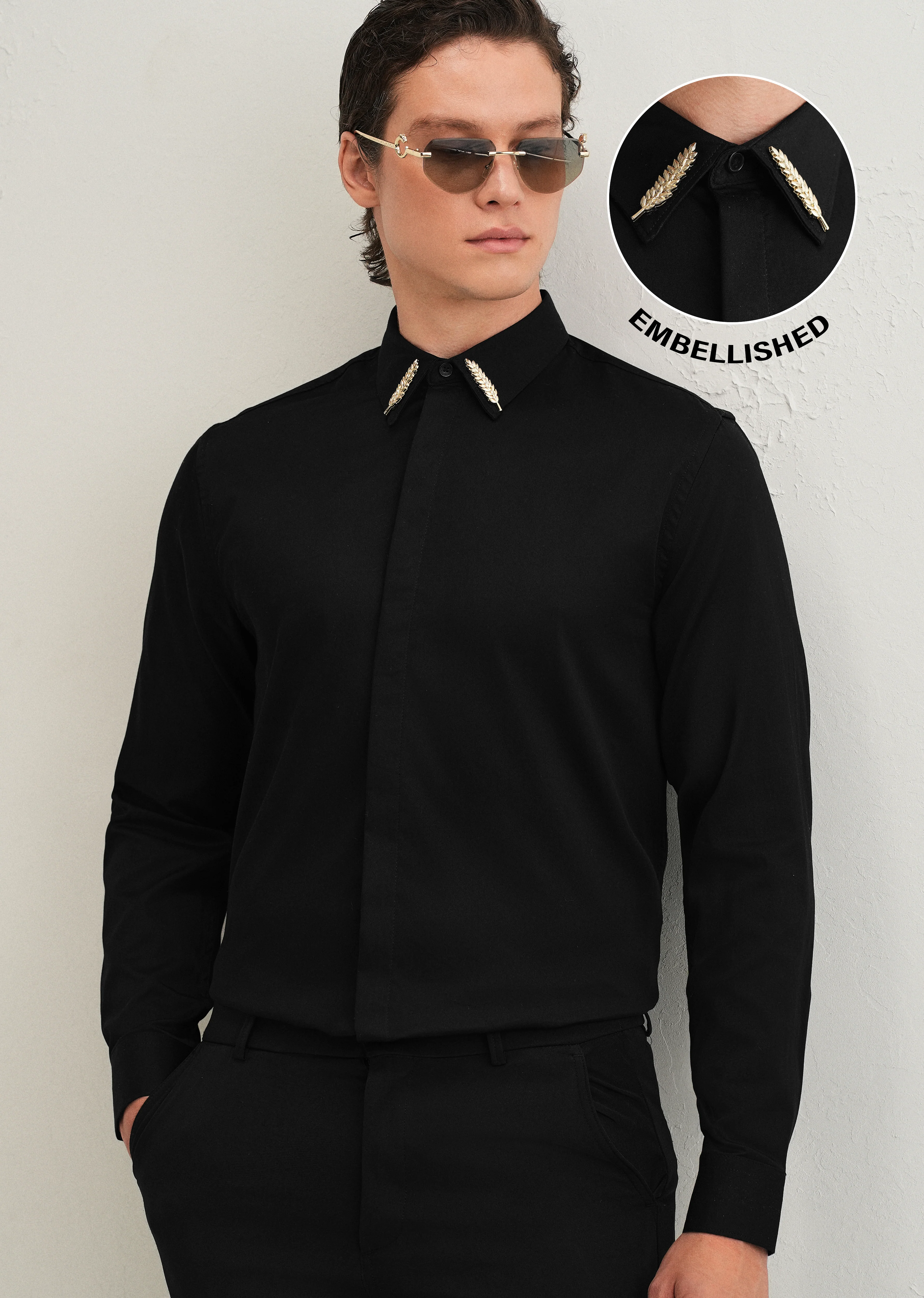 Gold Embellished Collar Black Designer Shirt - Image 7