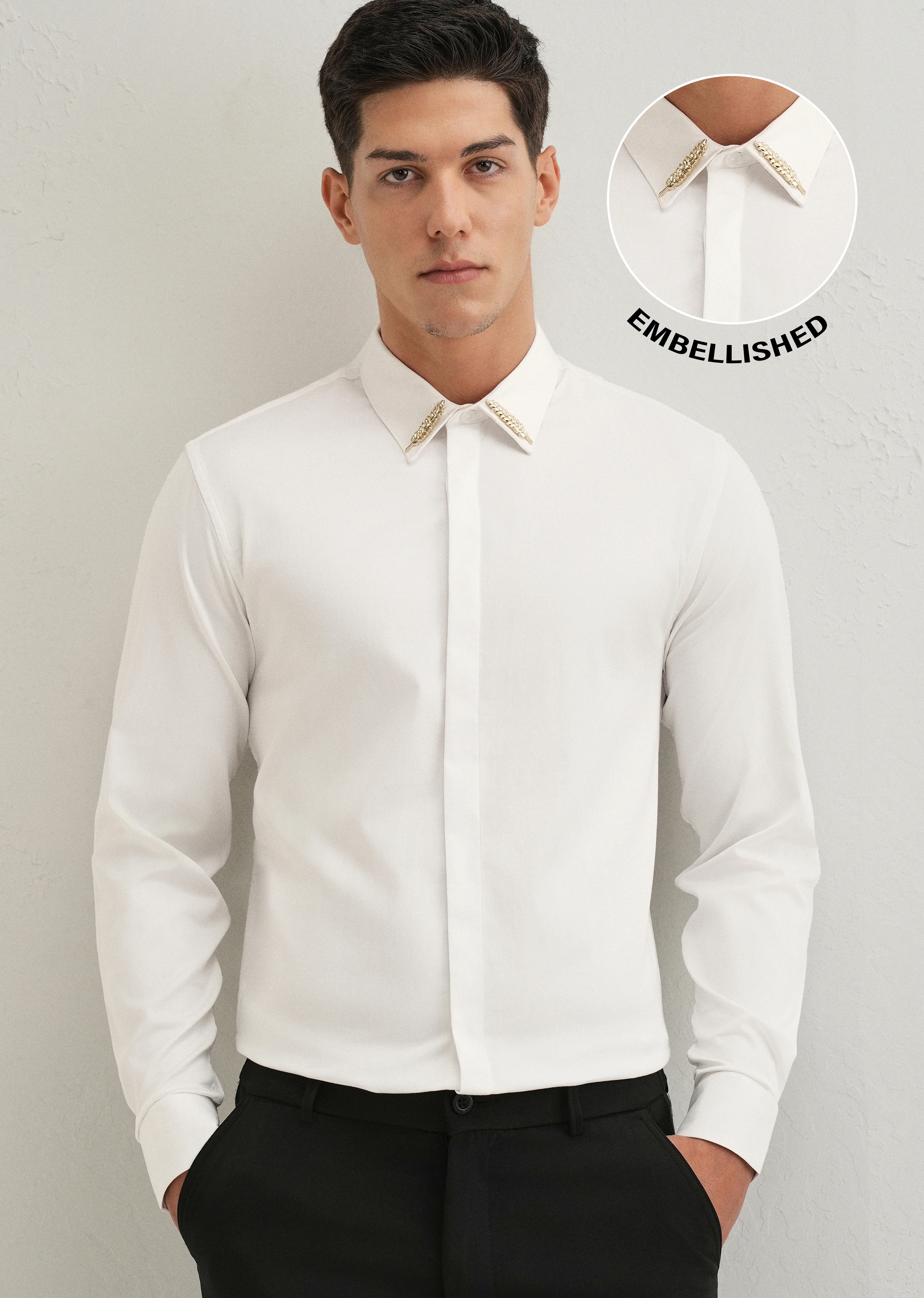 Gold Embellished Collar White Designer Shirt - Image 7