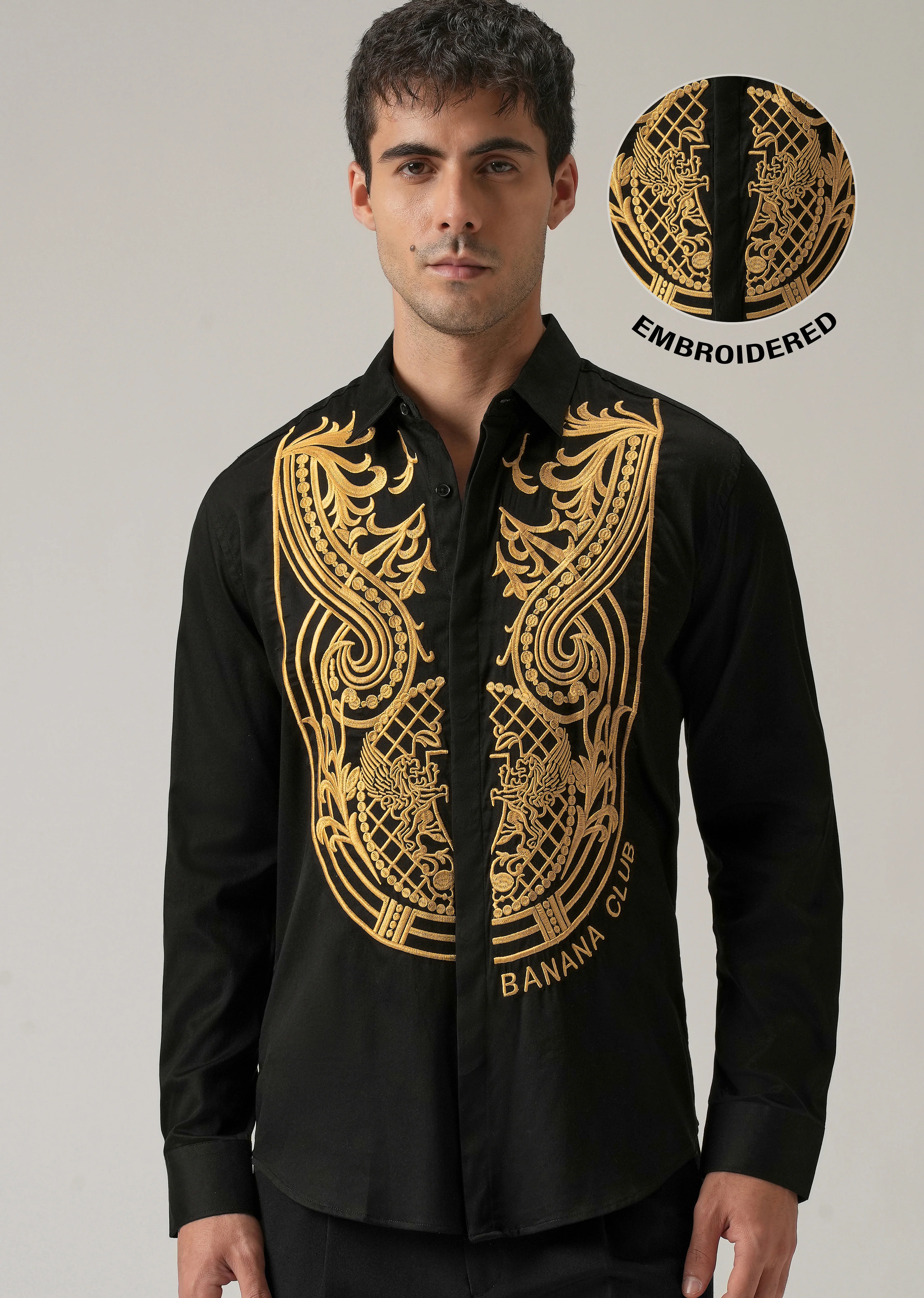 Gold Symmetric Embroidered Black Designer Shirt - Image 7