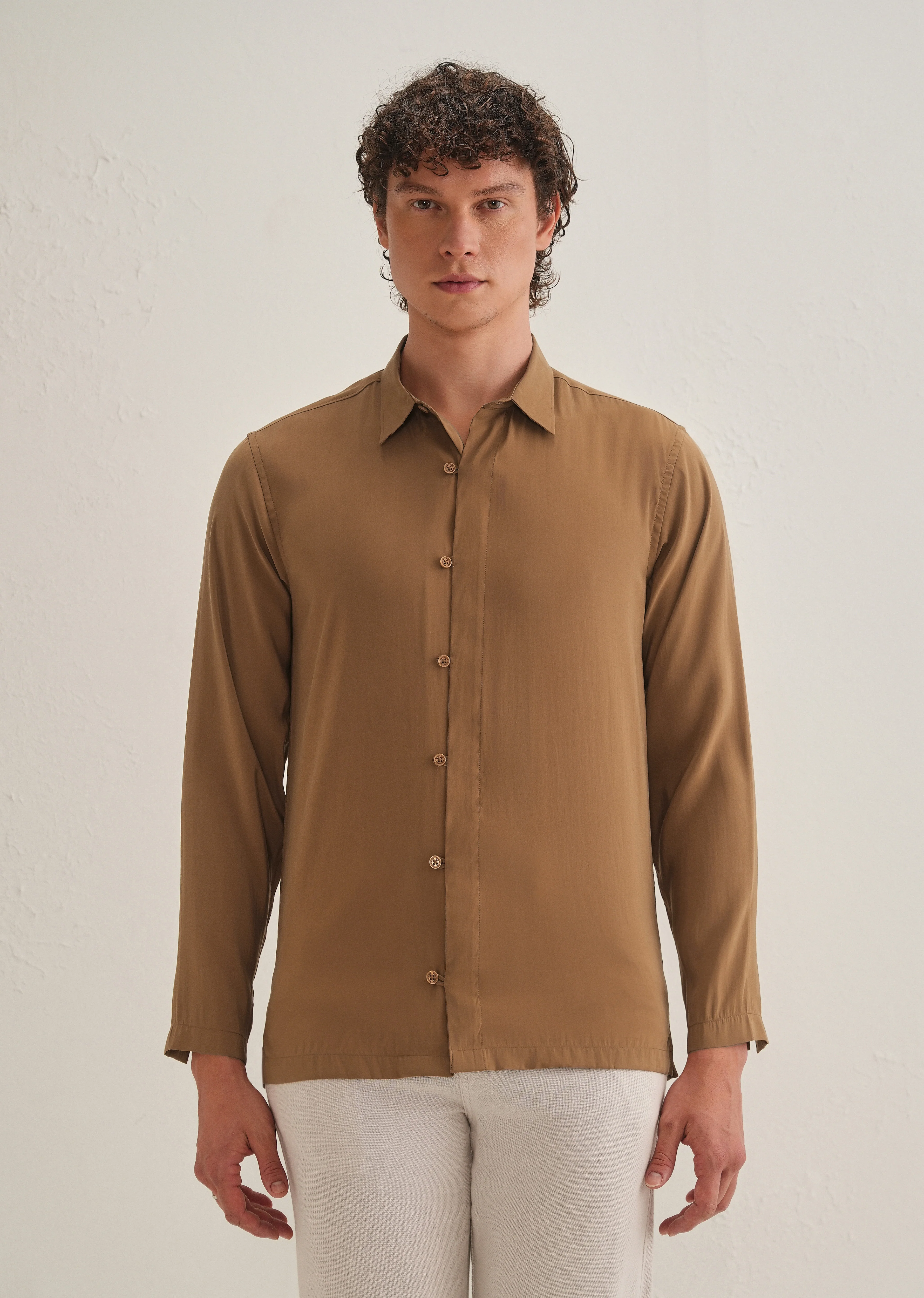 Golden Brown Loop Button-Down Plain Shirt - Image 3