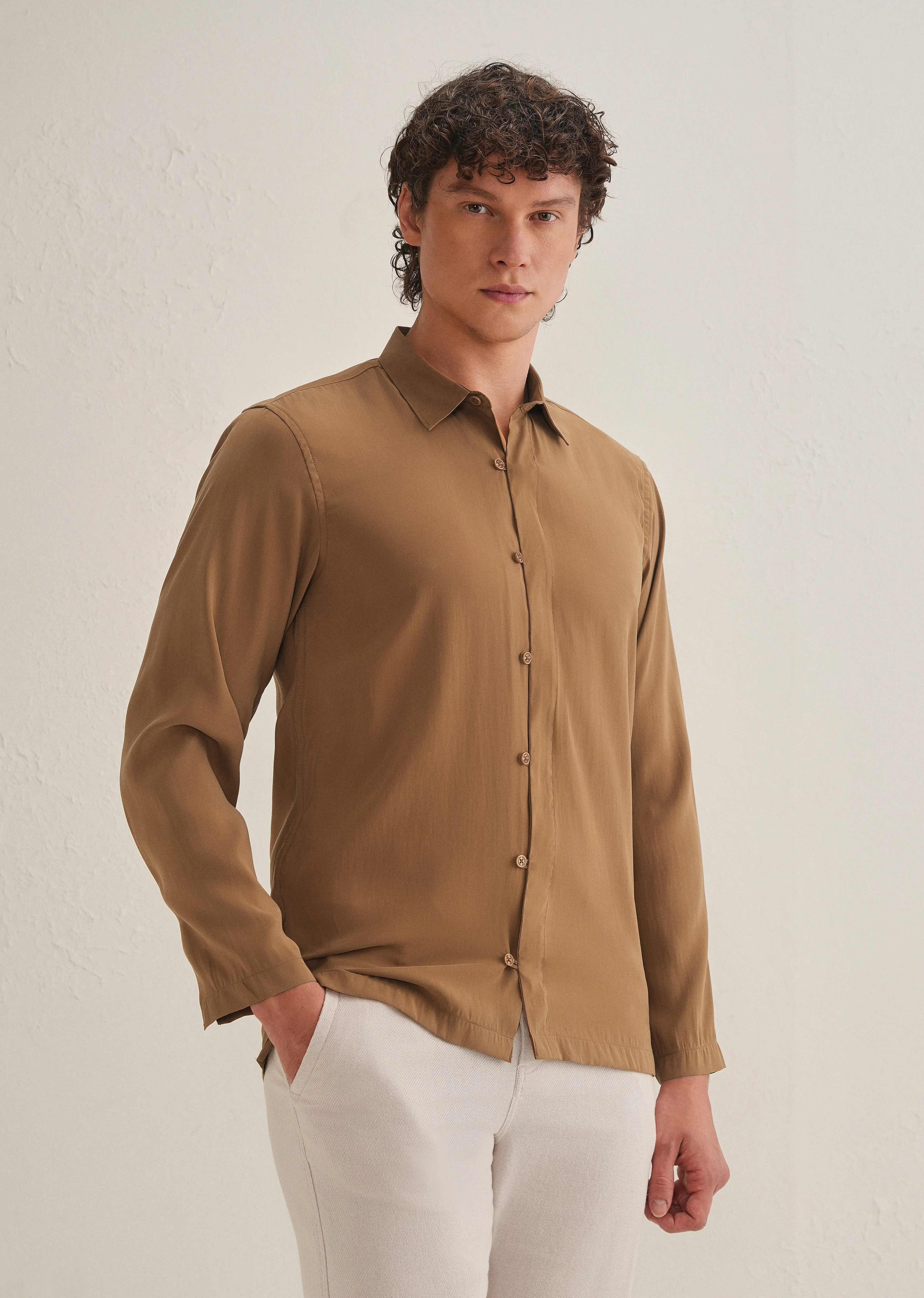 Golden Brown Loop Button-Down Plain Shirt - Image 5