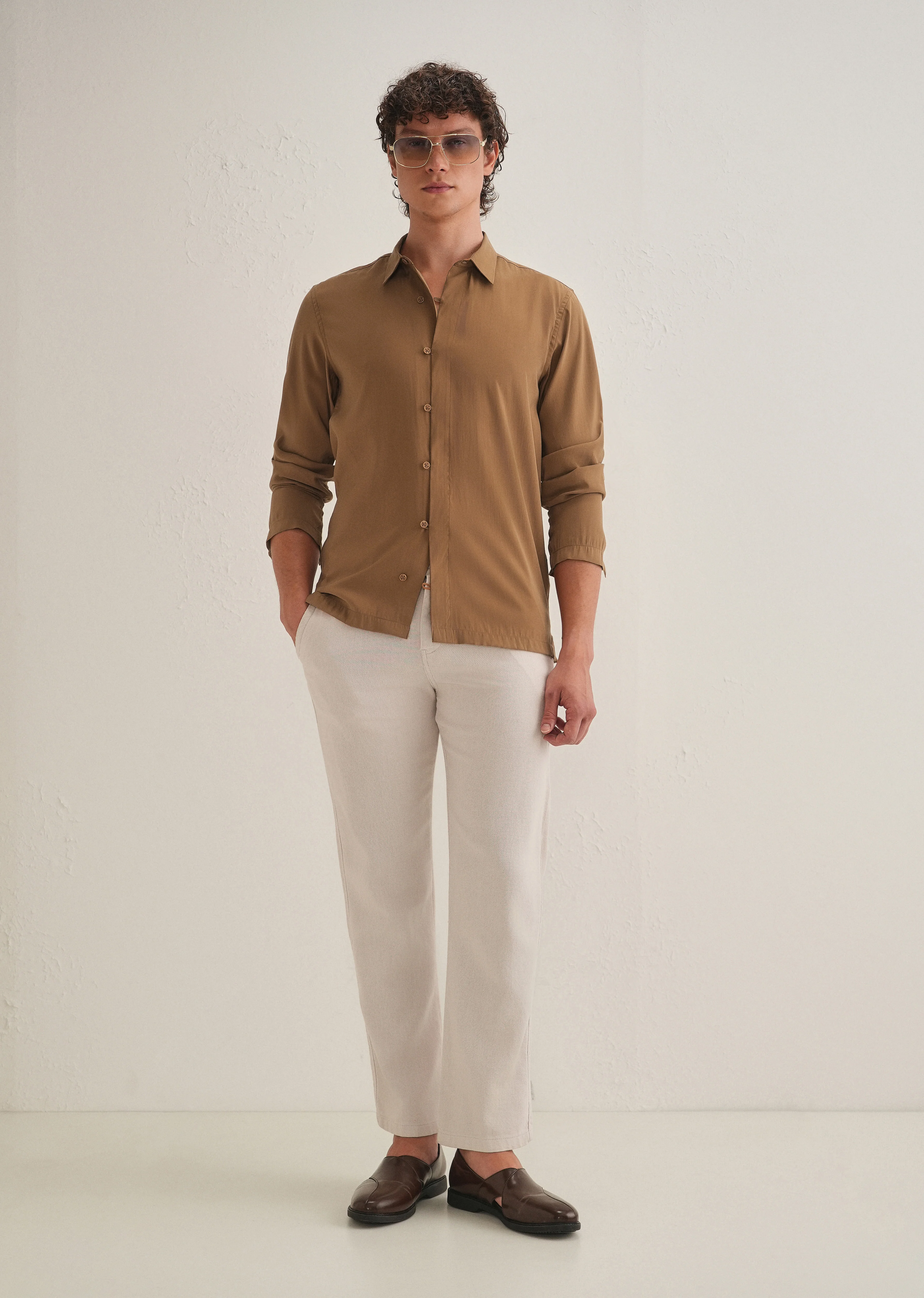 Golden Brown Loop Button-Down Plain Shirt - Image 7