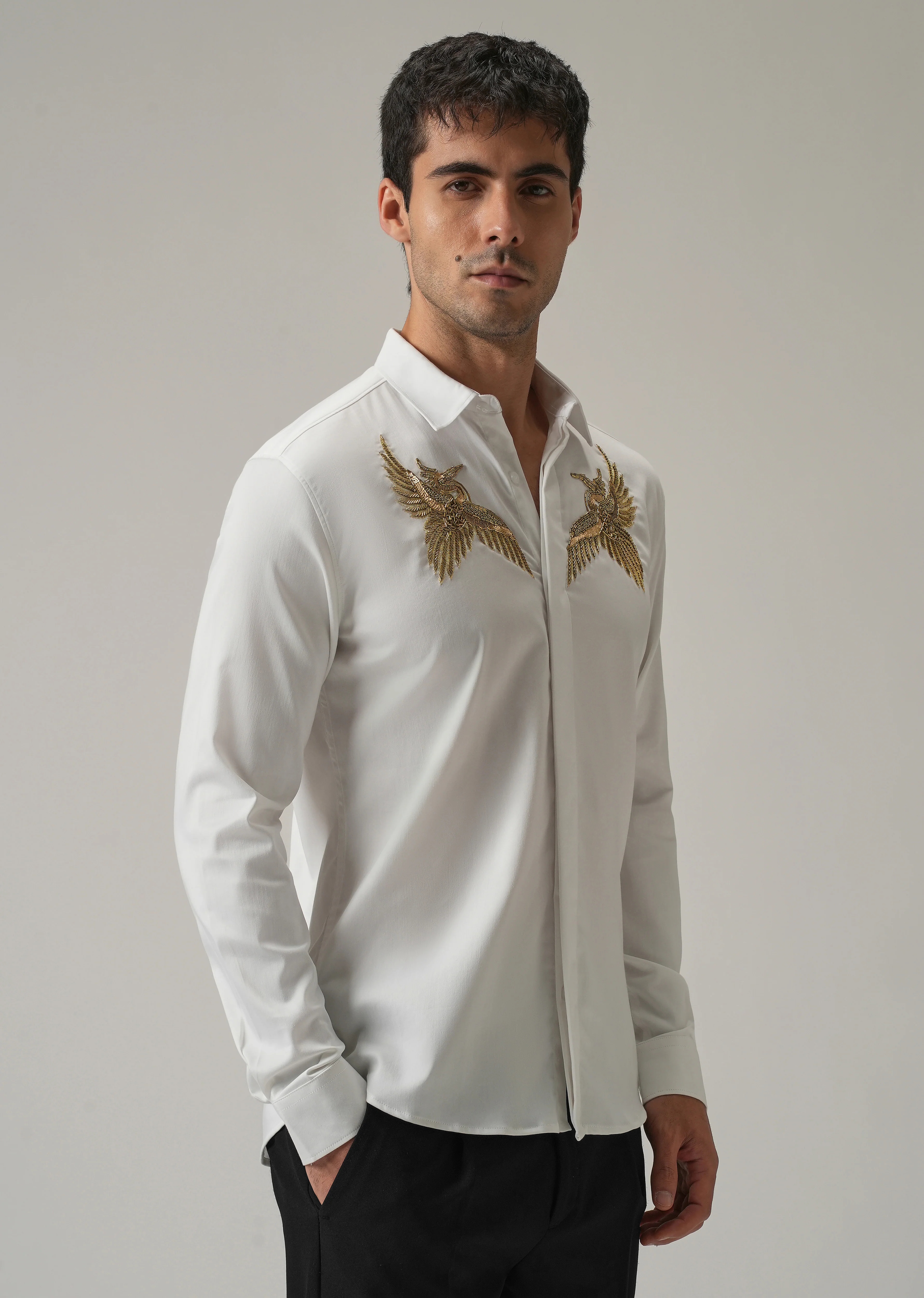 Golden Wing Handwork White Designer Shirt - Image 4