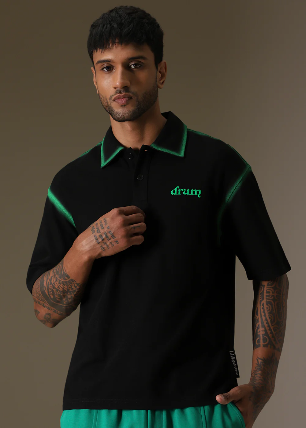 Gradient Green Drop Shoulder Polo T-shirt - Image 3