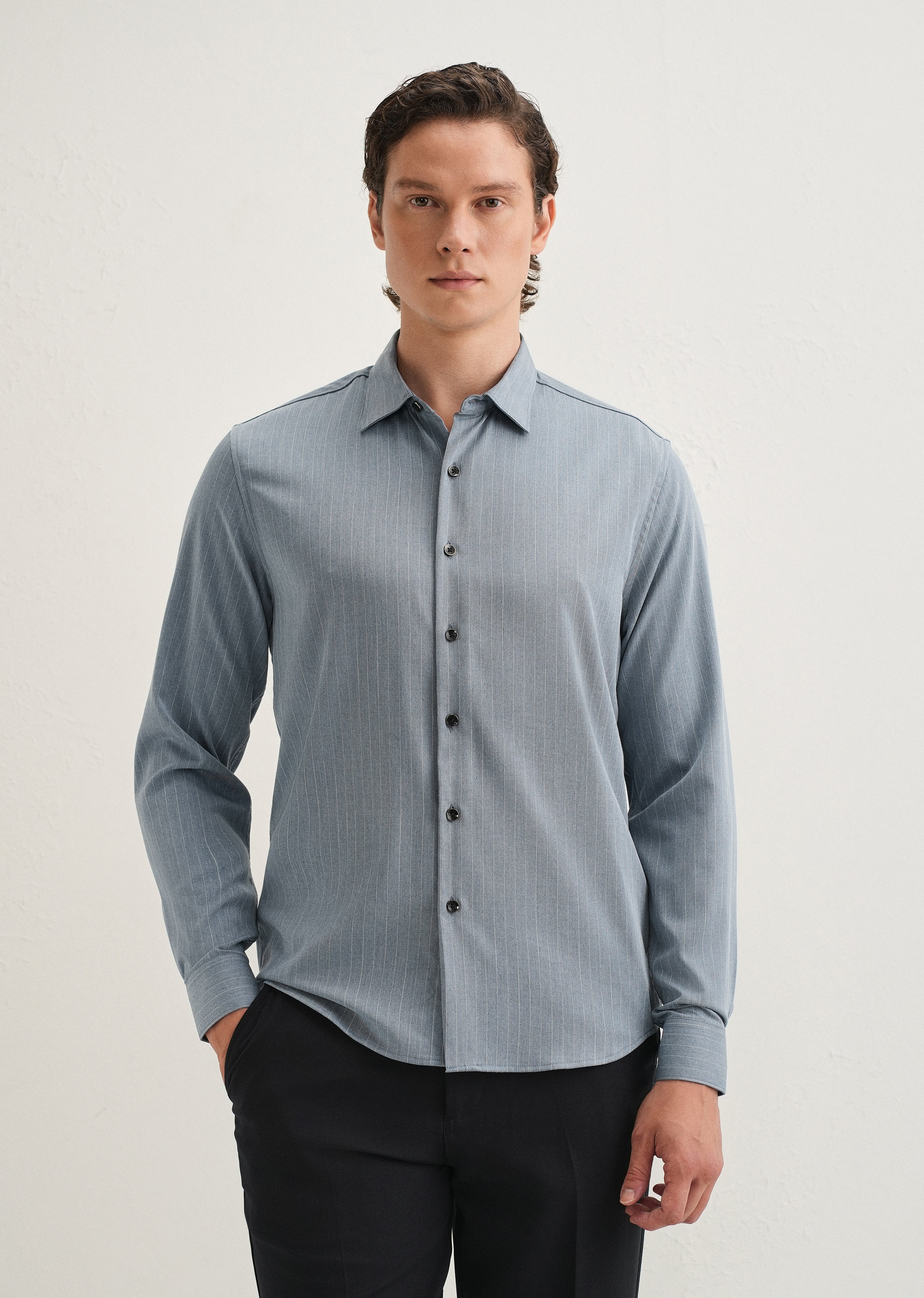 Graphite Blue Pin Striped Wrinkle Free Shirt - Image 4