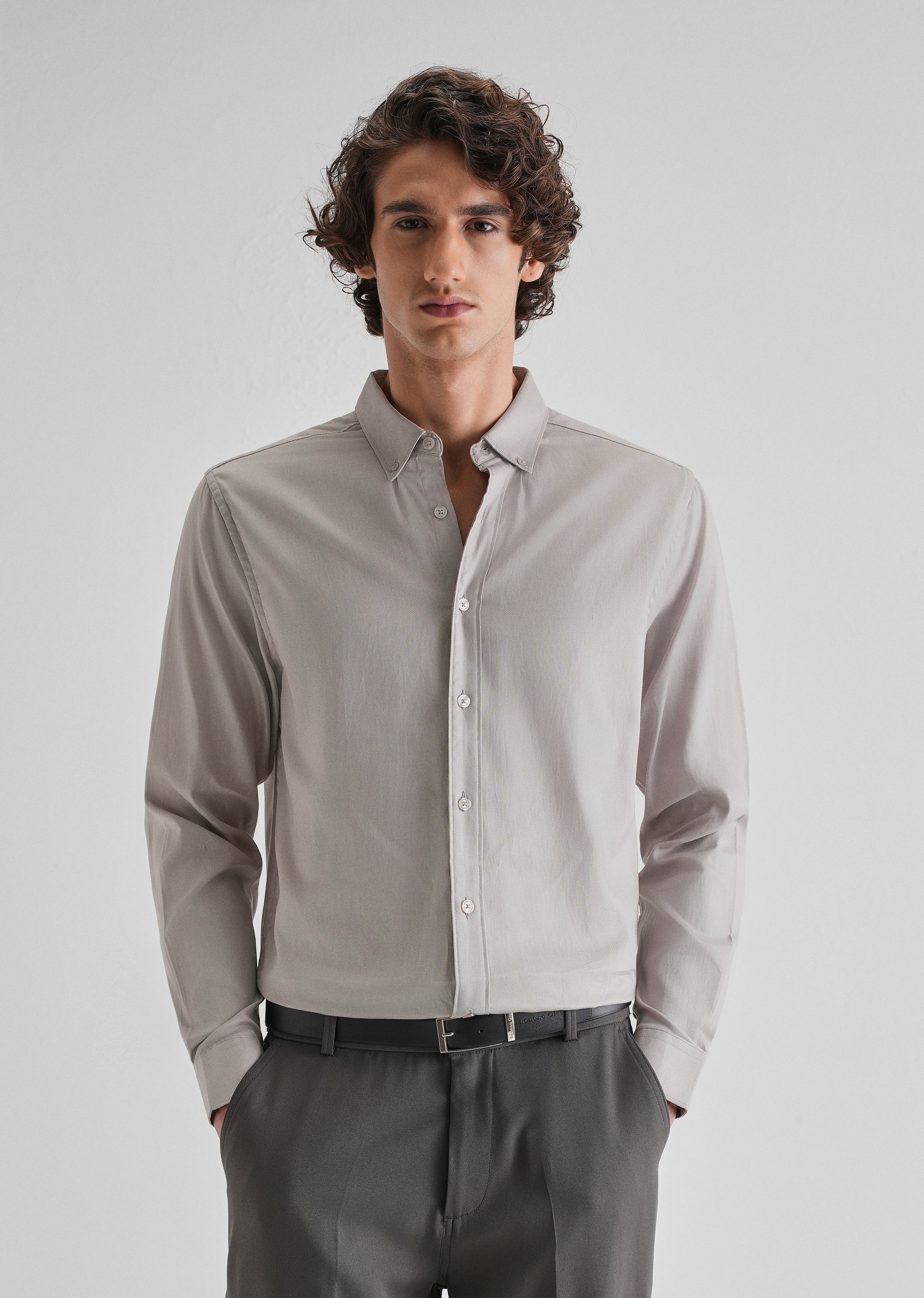 Gray Plain Blended Cotton Regular Fit Shirt - Image 3