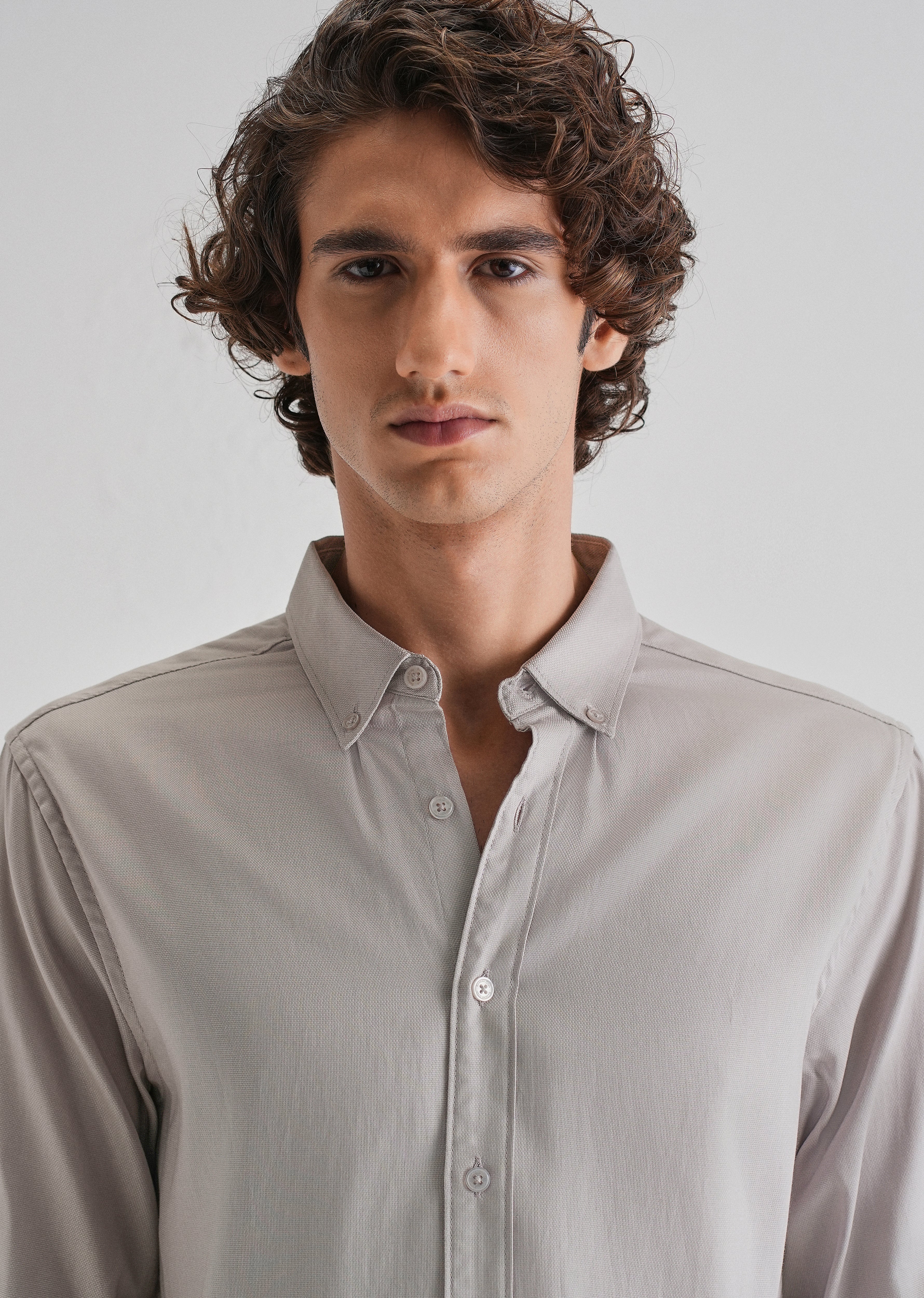 Gray Plain Blended Cotton Regular Fit Shirt - Image 5