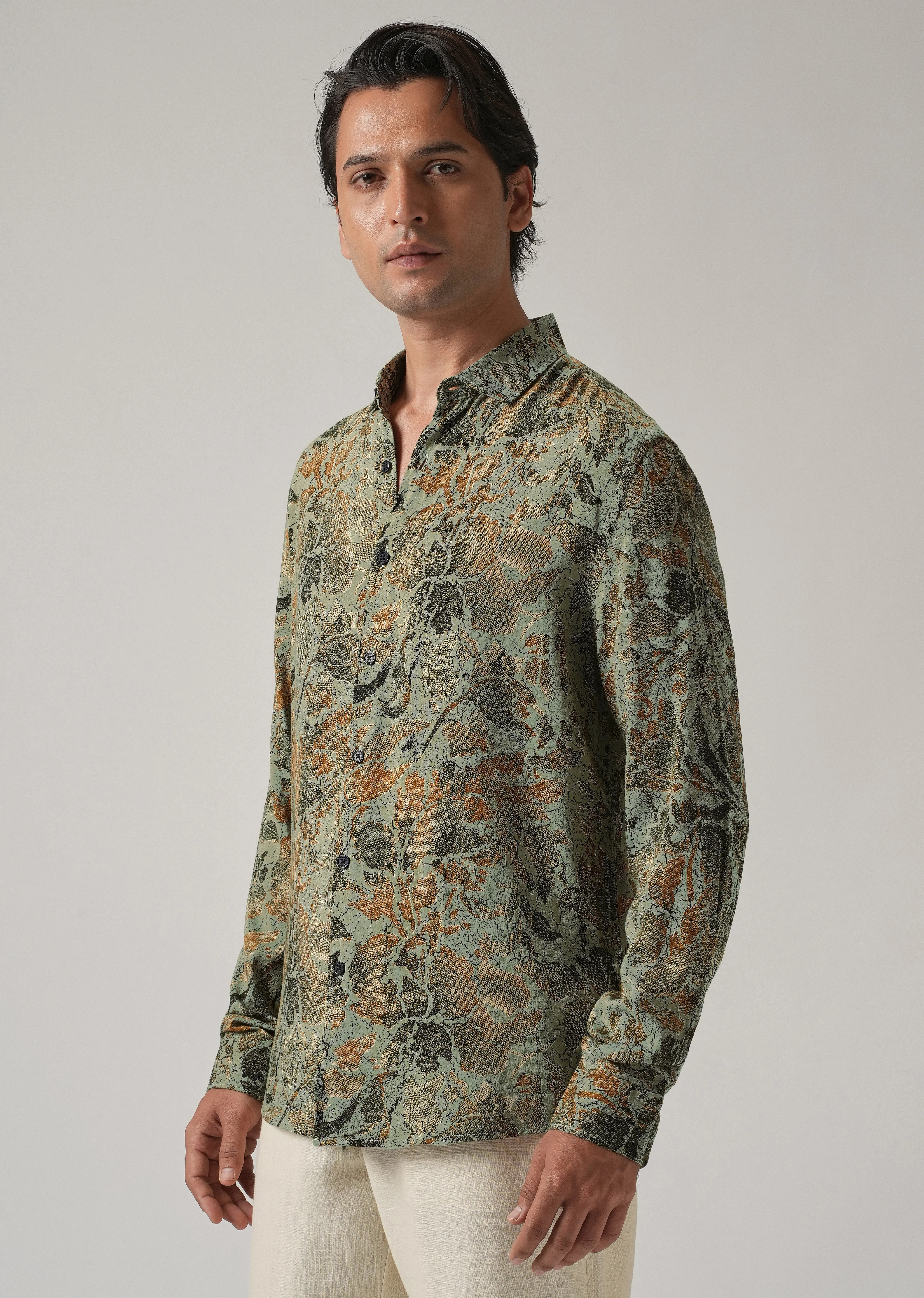 Green Abstract Distress Print Feather Shirt - Image 4