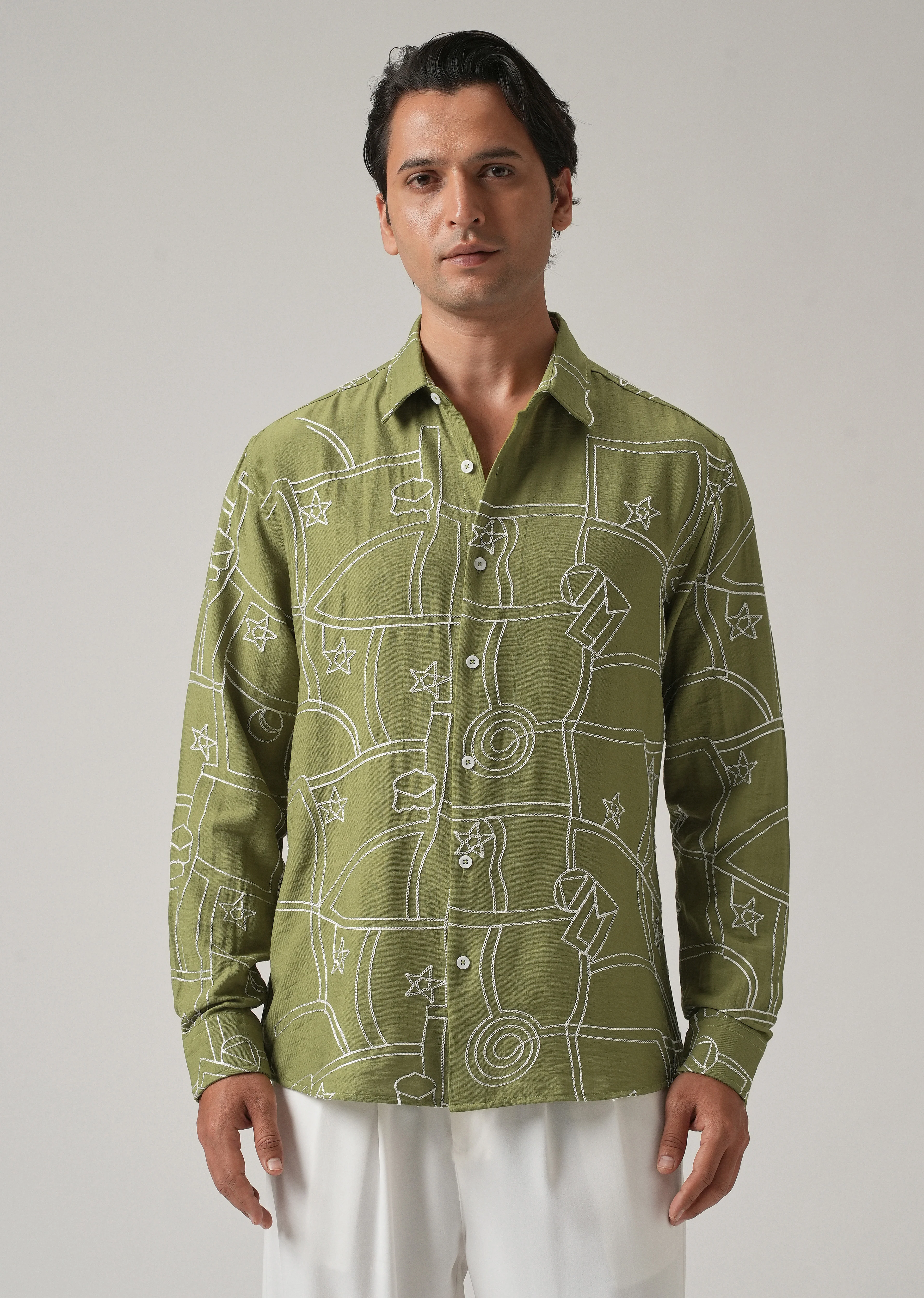 Green Abstract Embroidery Shirt - Image 4