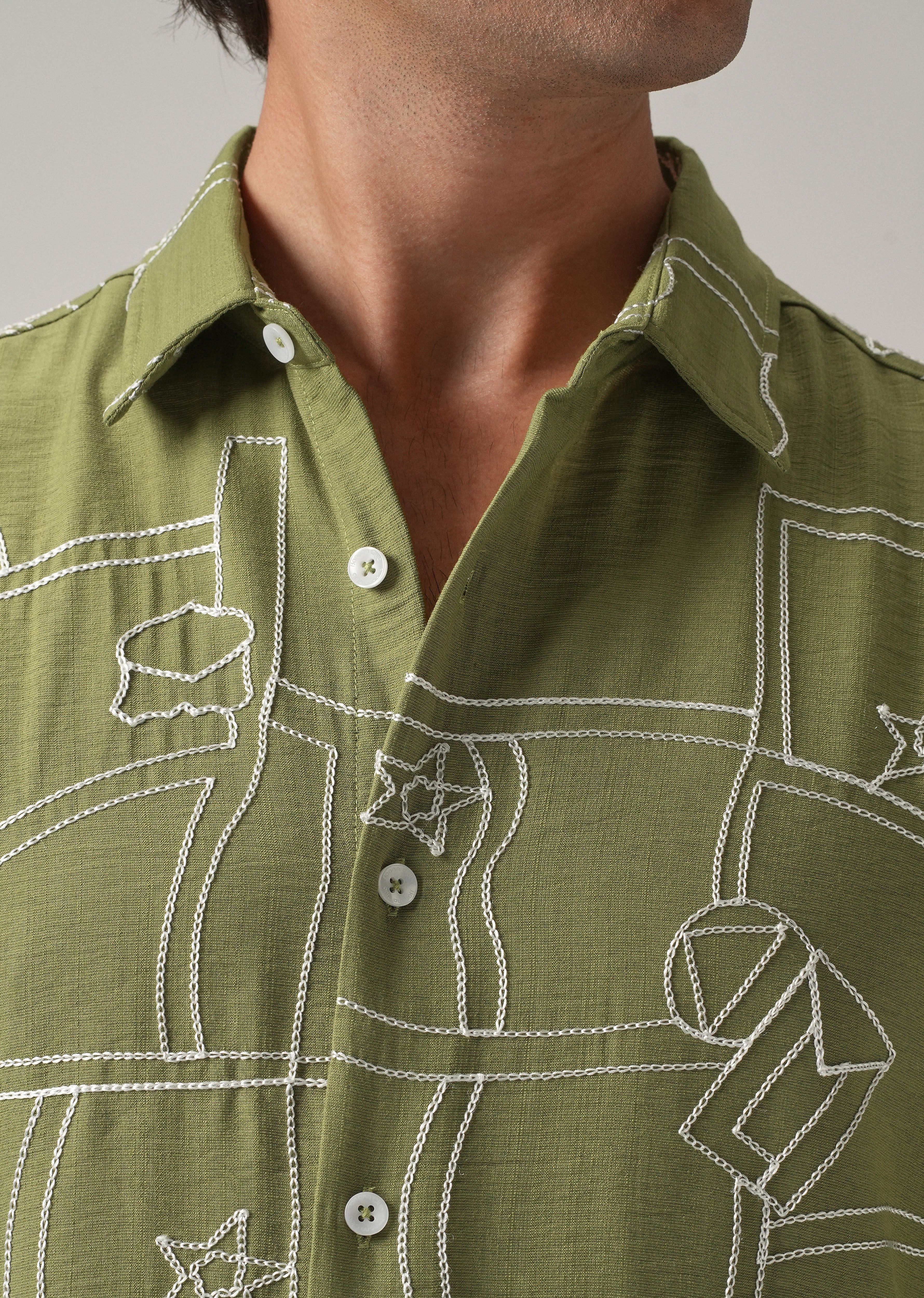 Green Abstract Embroidery Shirt - Image 6