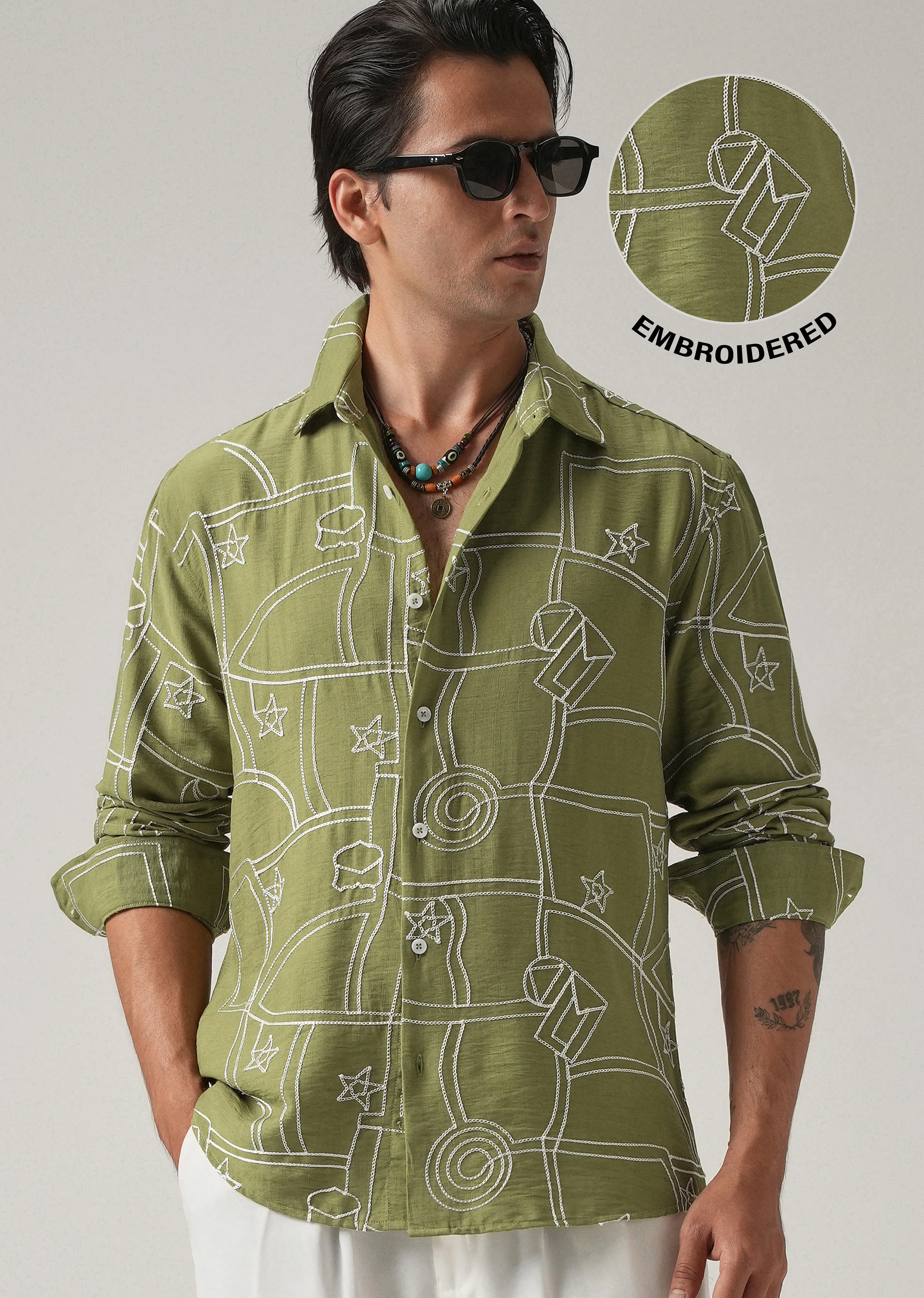 Green Abstract Embroidery Shirt - Image 8