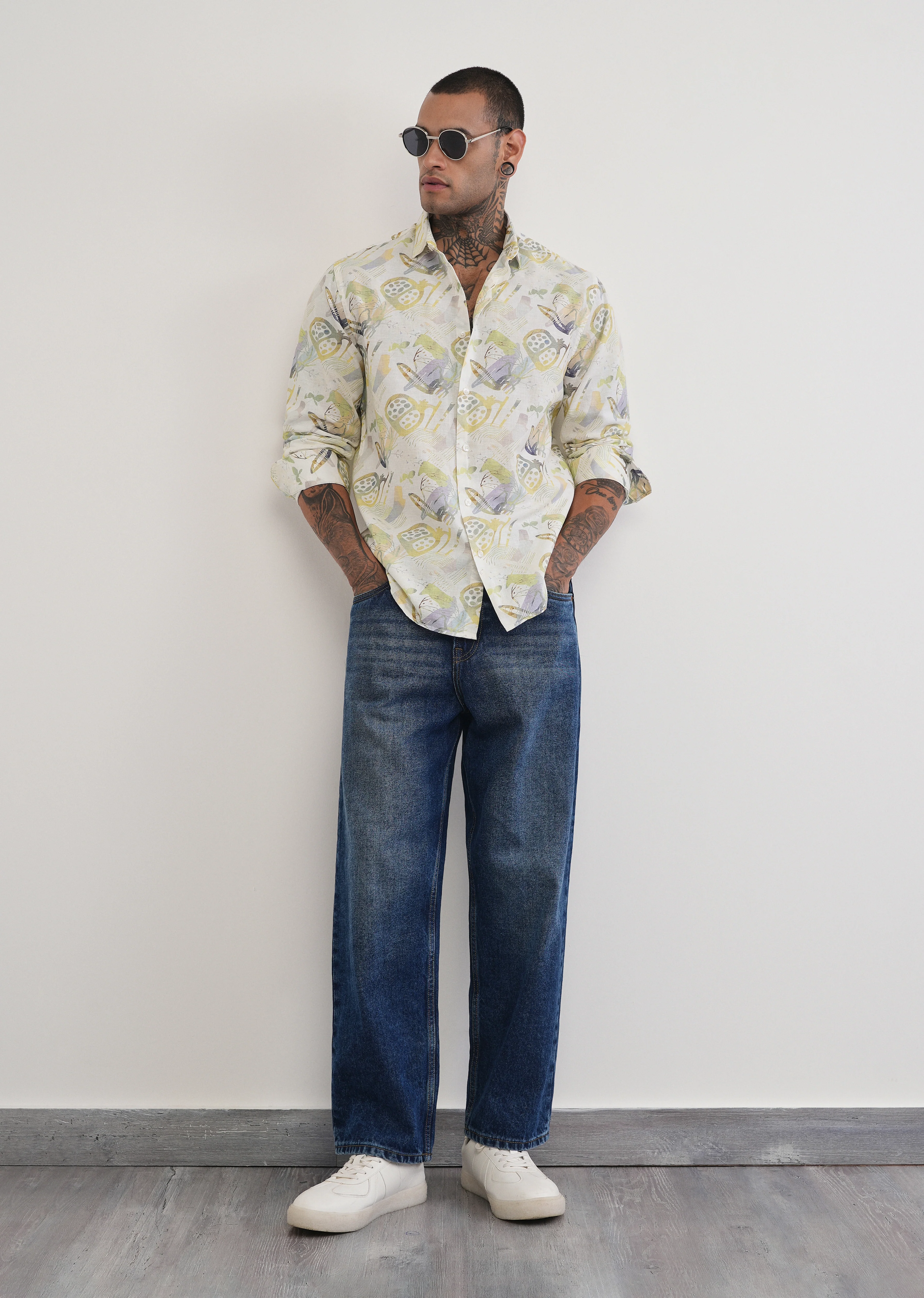 Green Artistic Print Cotton Linen Shirt - Image 6