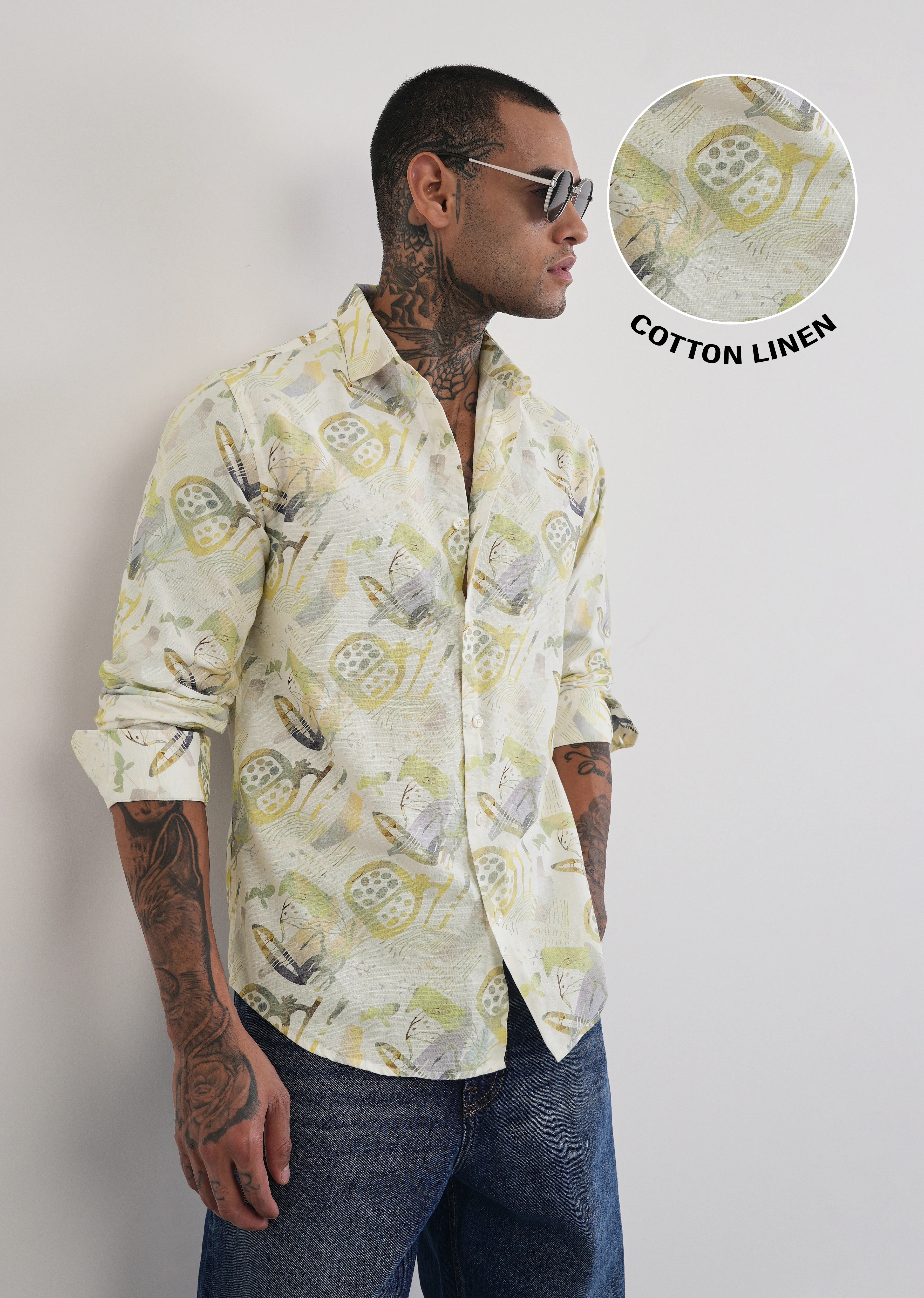 Green Artistic Print Cotton Linen Shirt - Image 7