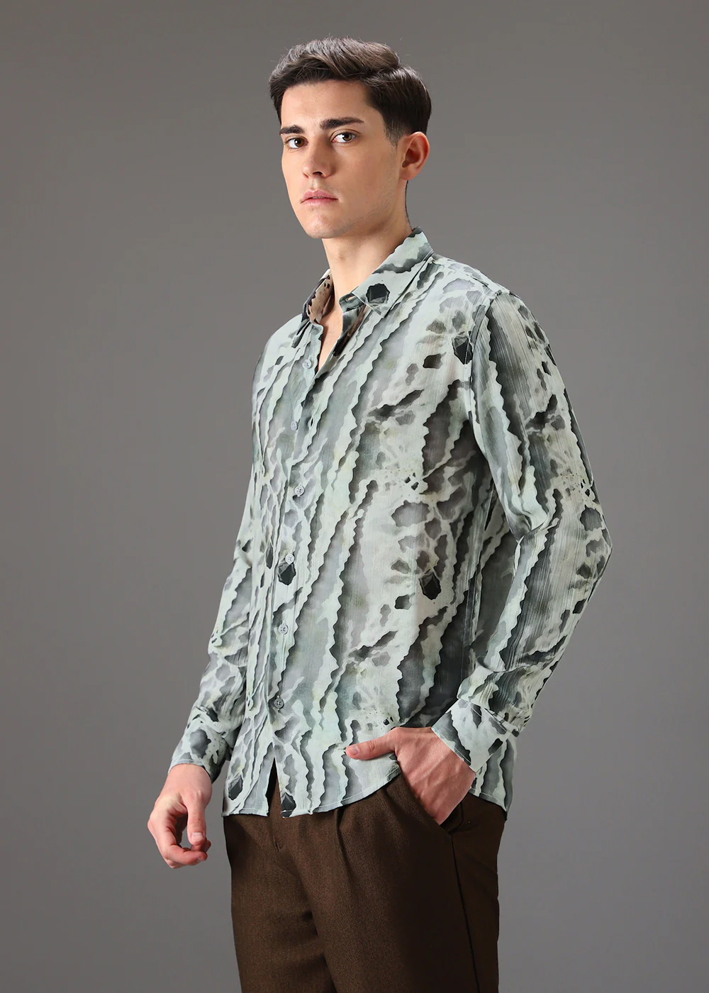 Green Beige Crushed Printed Shirt - Image 5