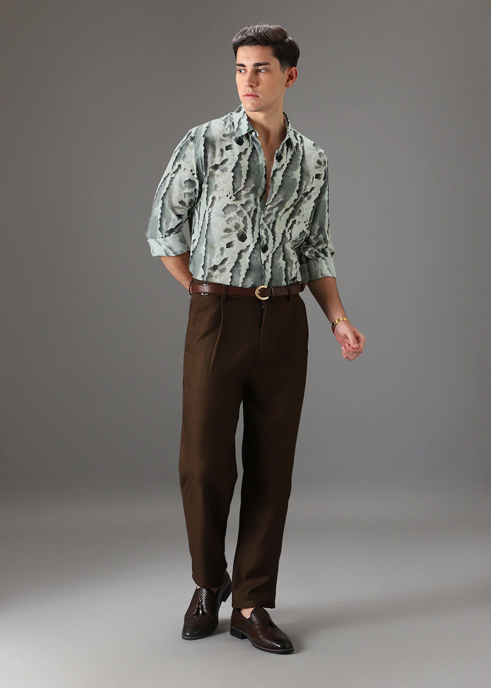 Green Beige Crushed Printed Shirt - Image 6