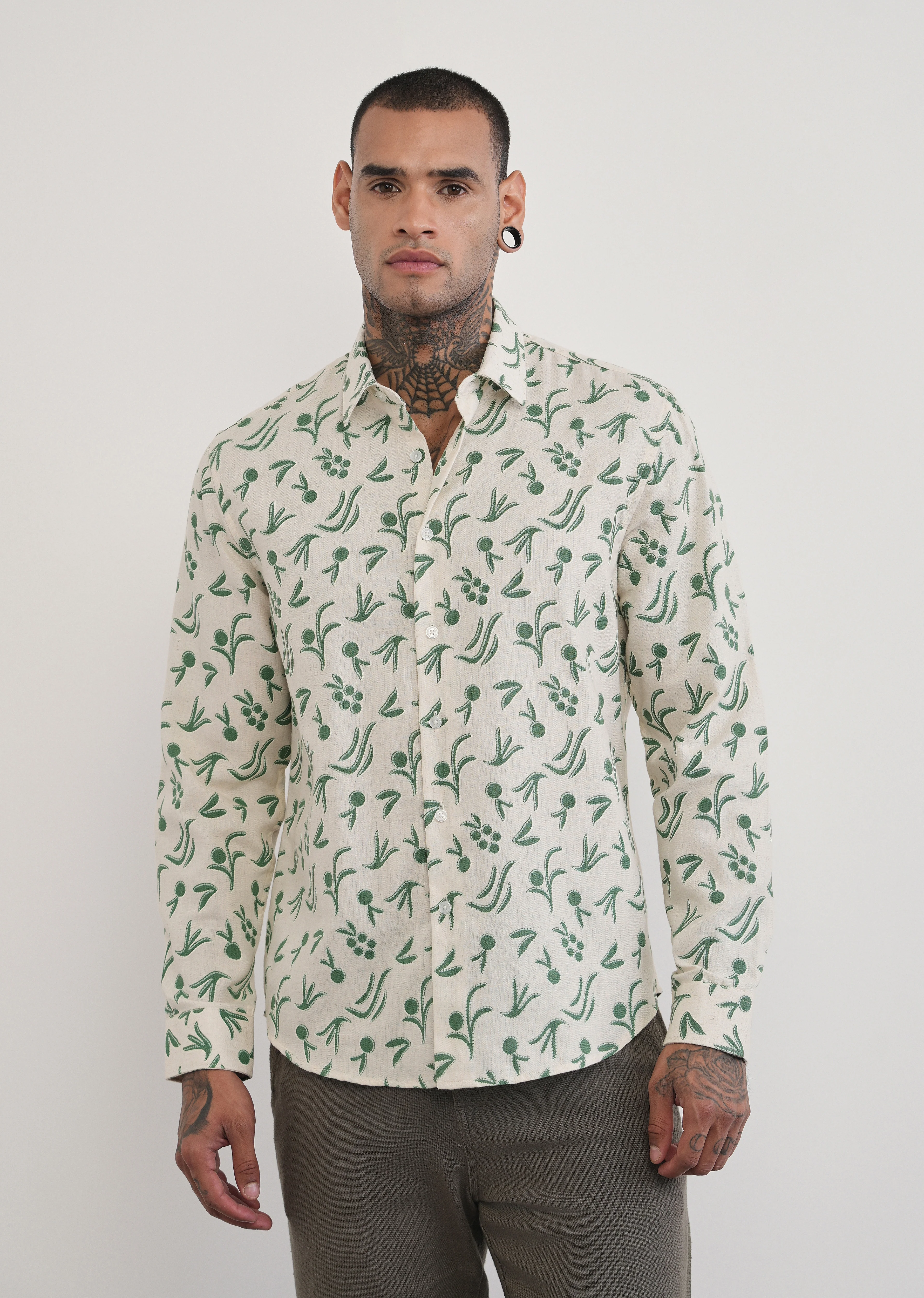Green Blended Linen Printed Shirt - Image 3