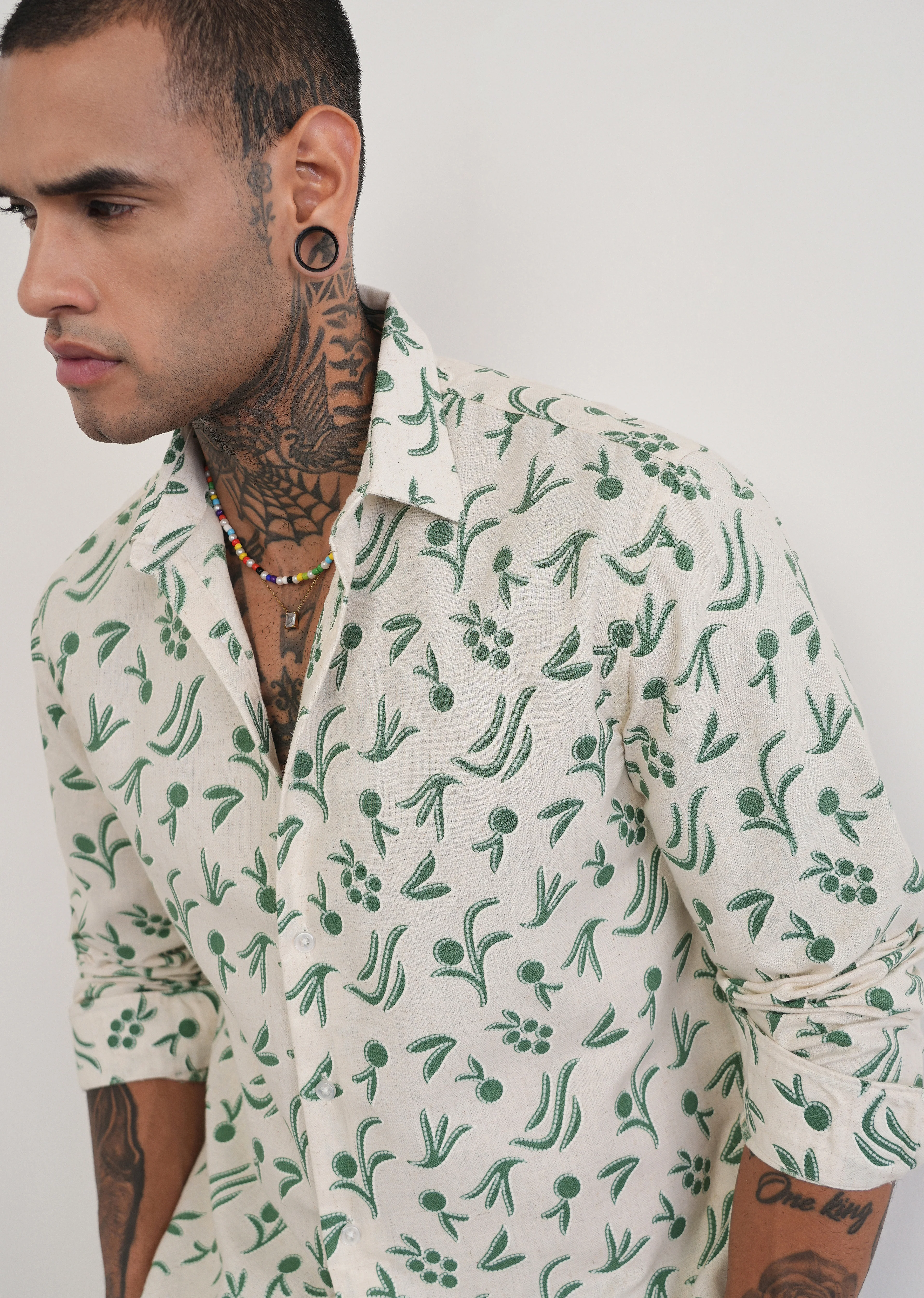 Green Blended Linen Printed Shirt - Image 5