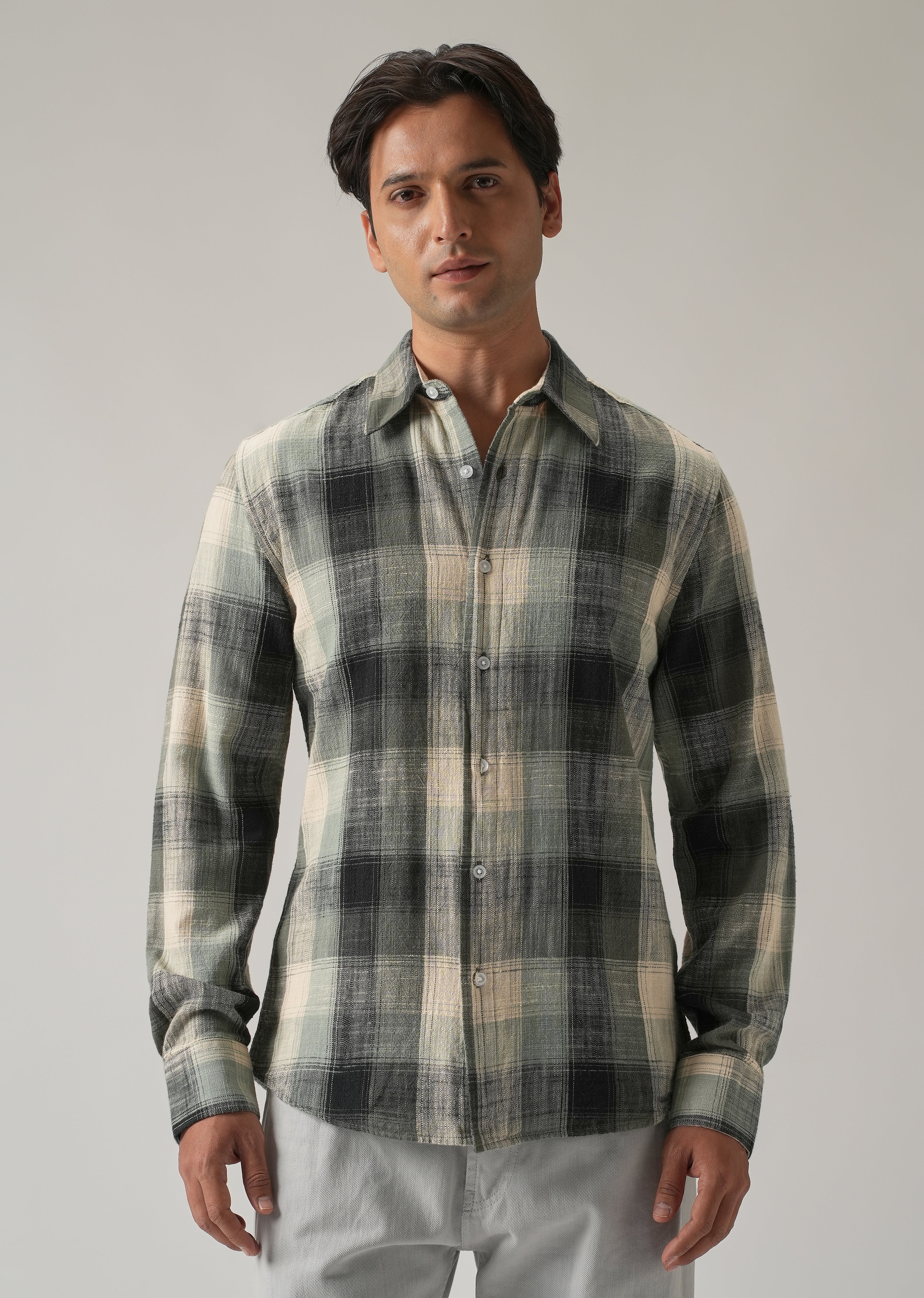 Green Cotton Linen Box Check shirt - Image 3