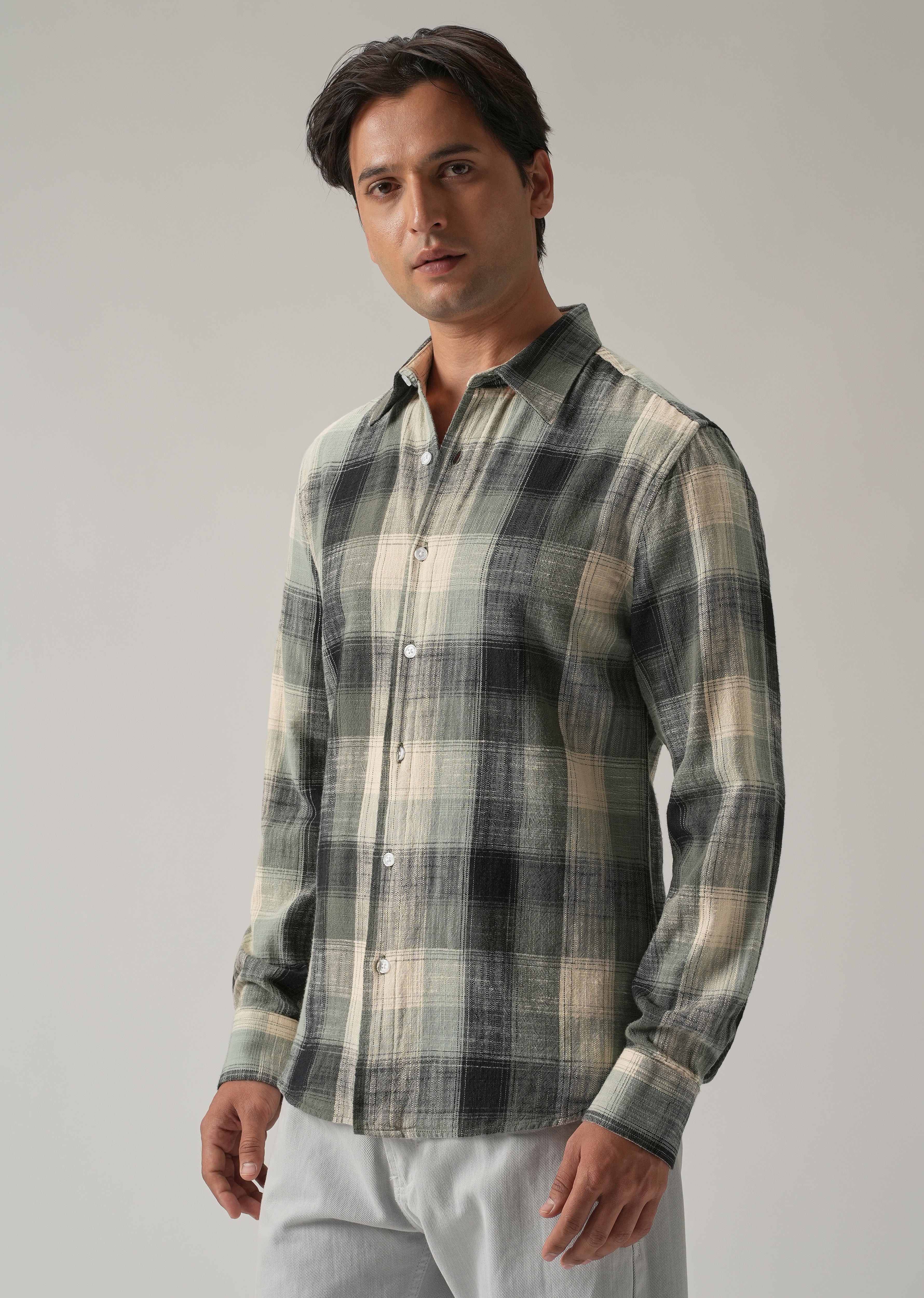 Green Cotton Linen Box Check shirt - Image 4