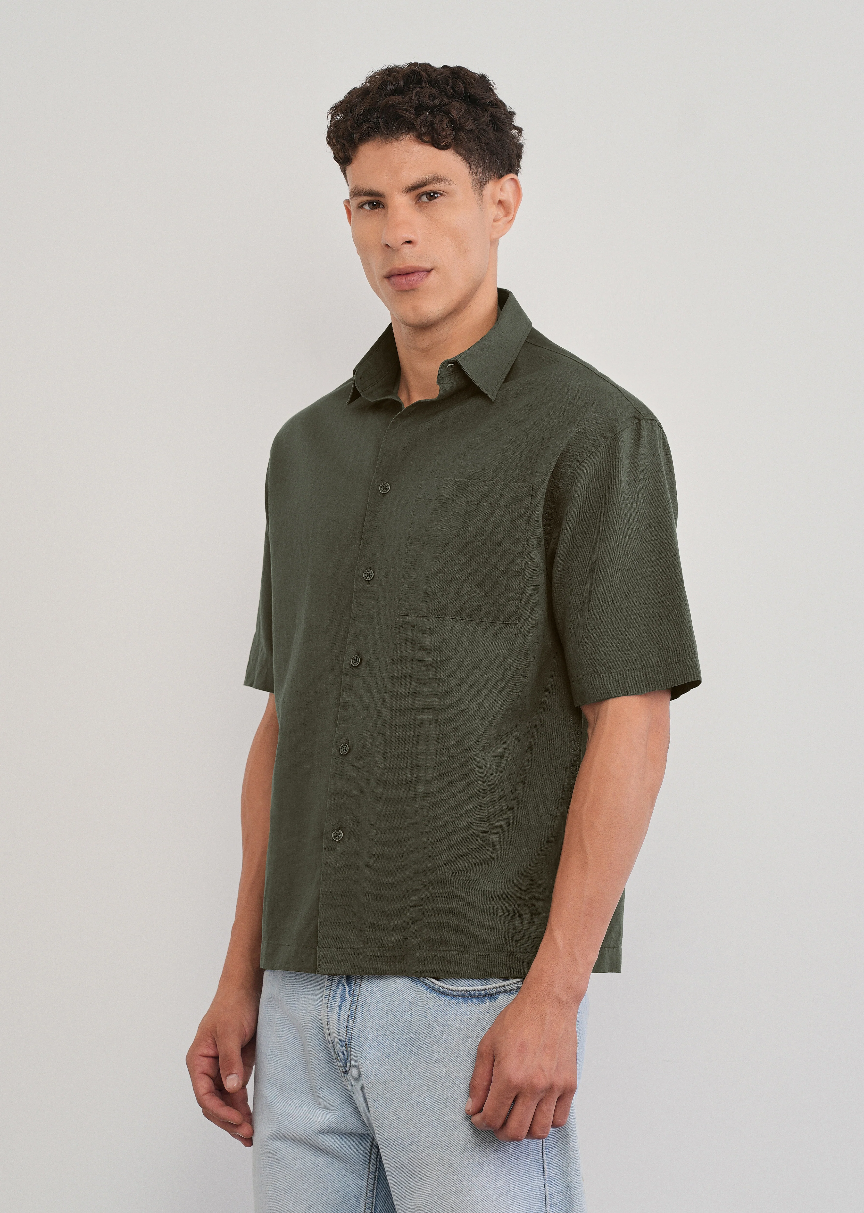 Green Cotton Linen Half Sleeve Shirt - Image 4