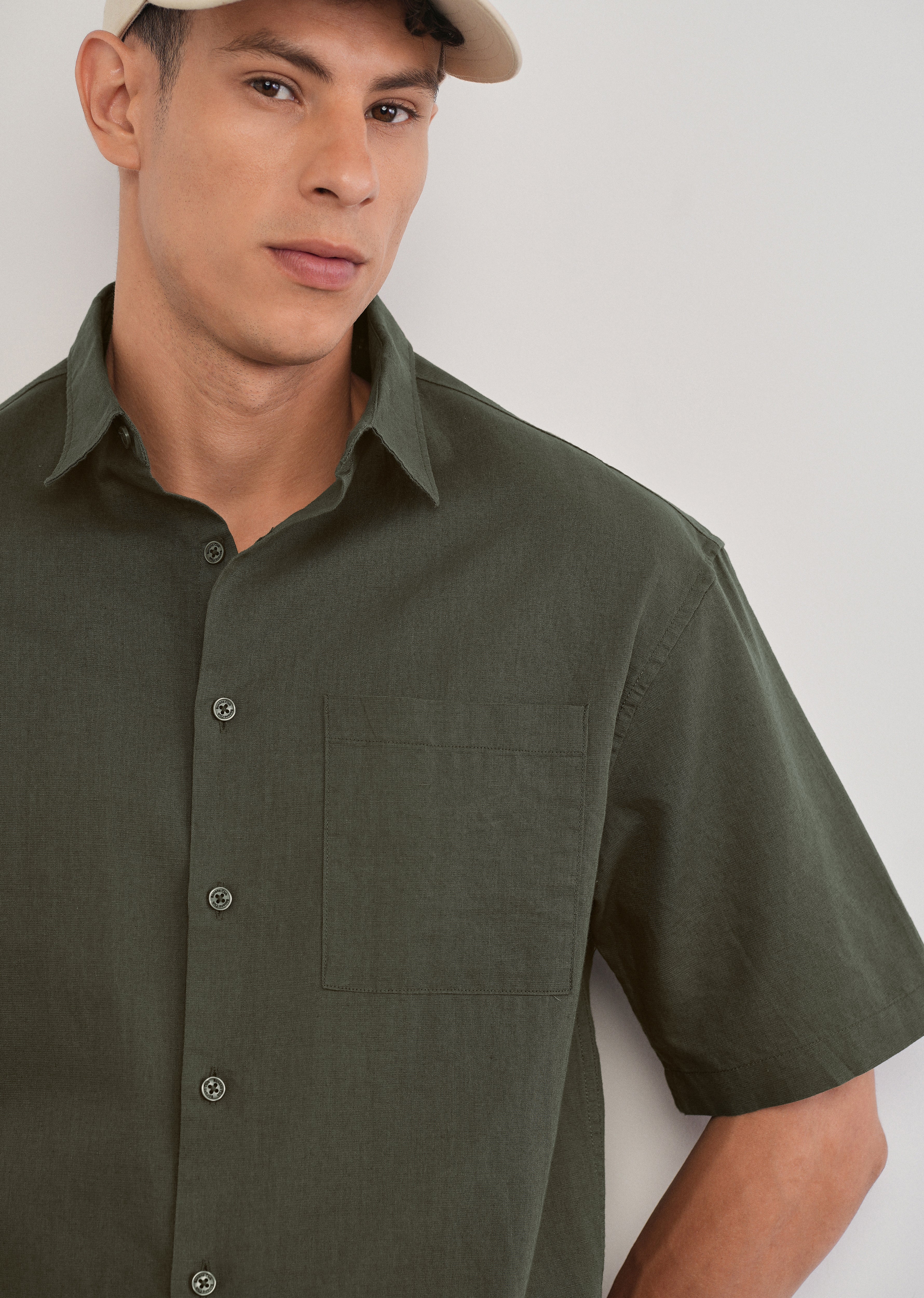 Green Cotton Linen Half Sleeve Shirt - Image 5