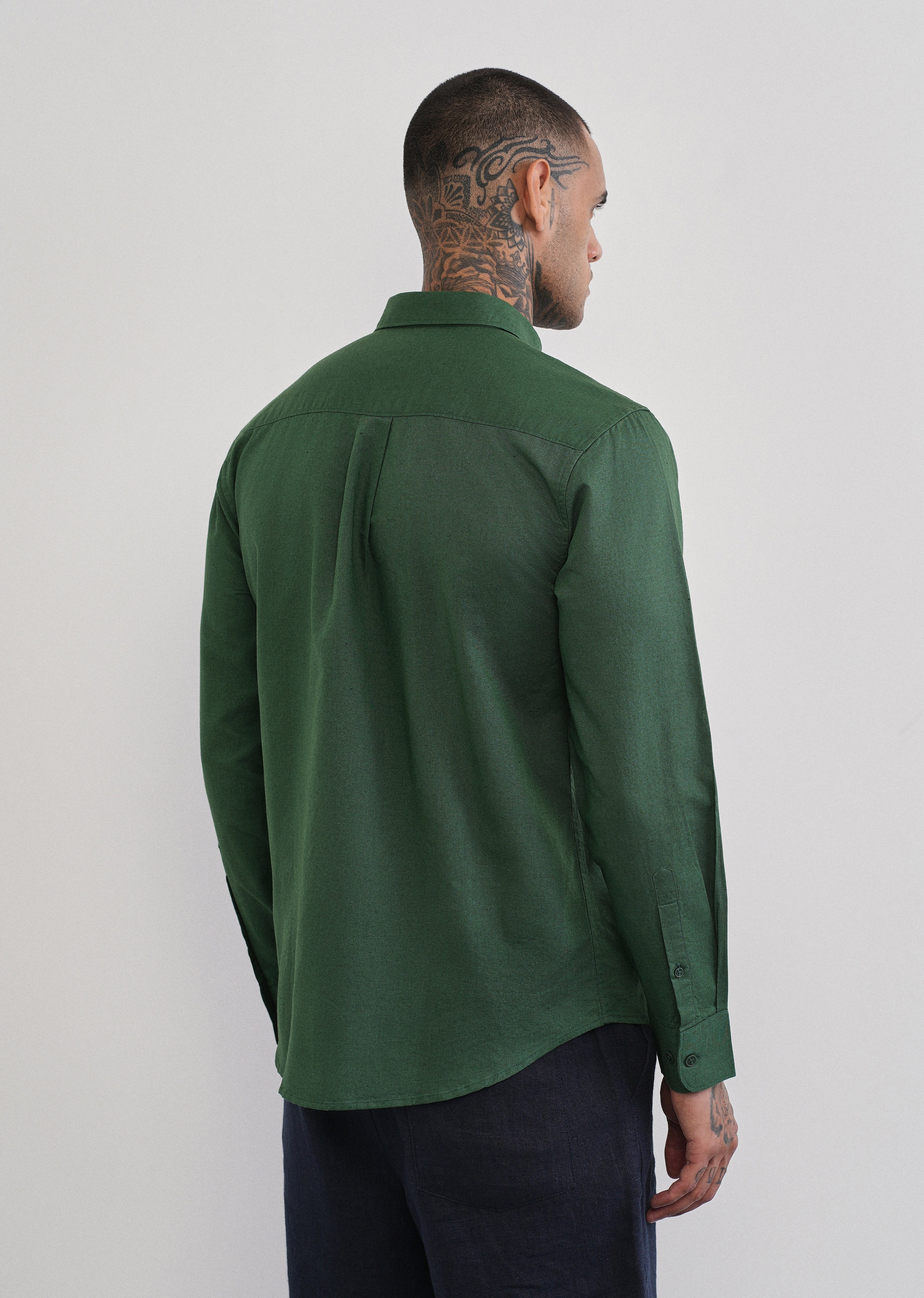 Green Cotton Linen Plain Shirt - Image 2