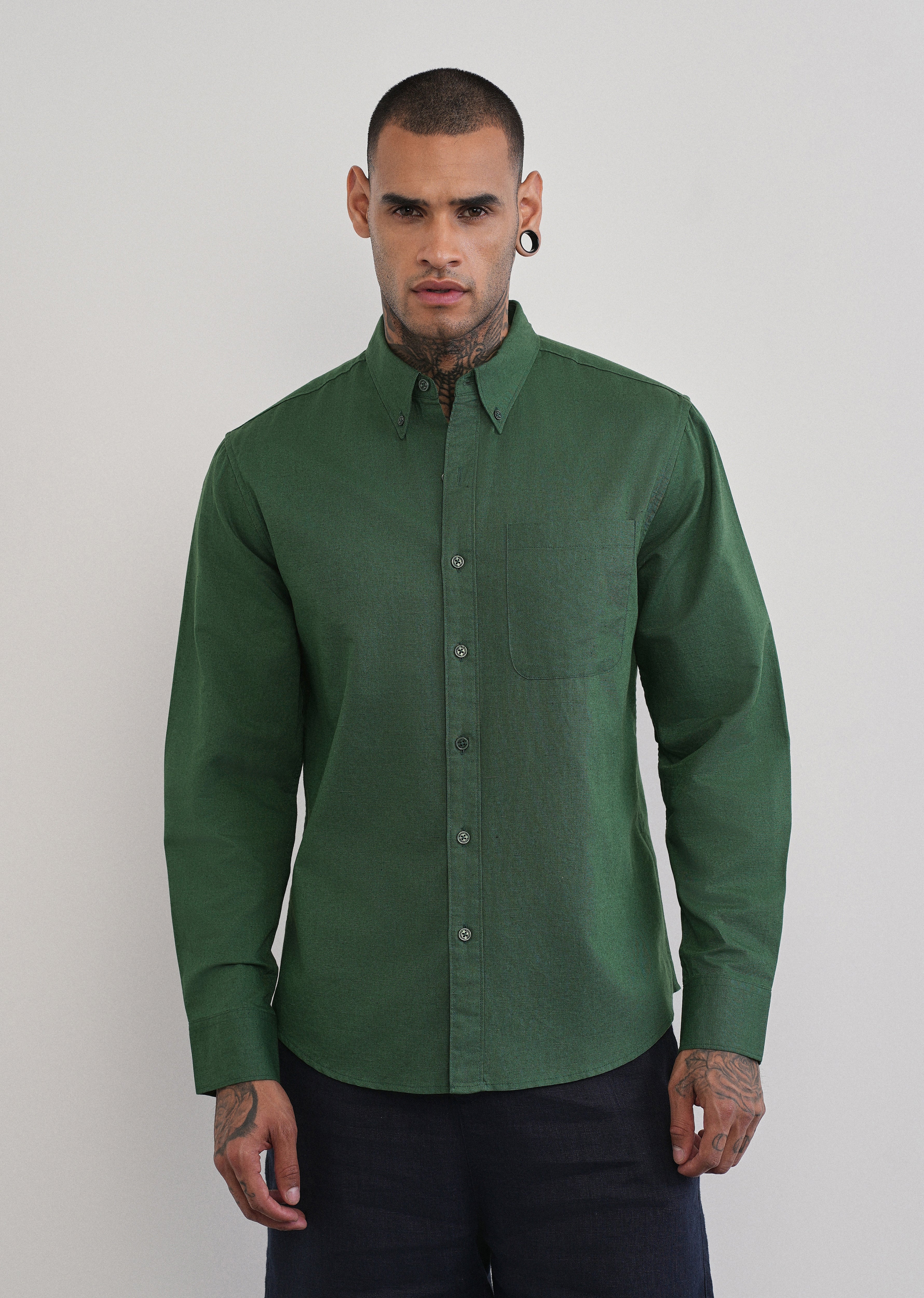 Green Cotton Linen Plain Shirt - Image 3
