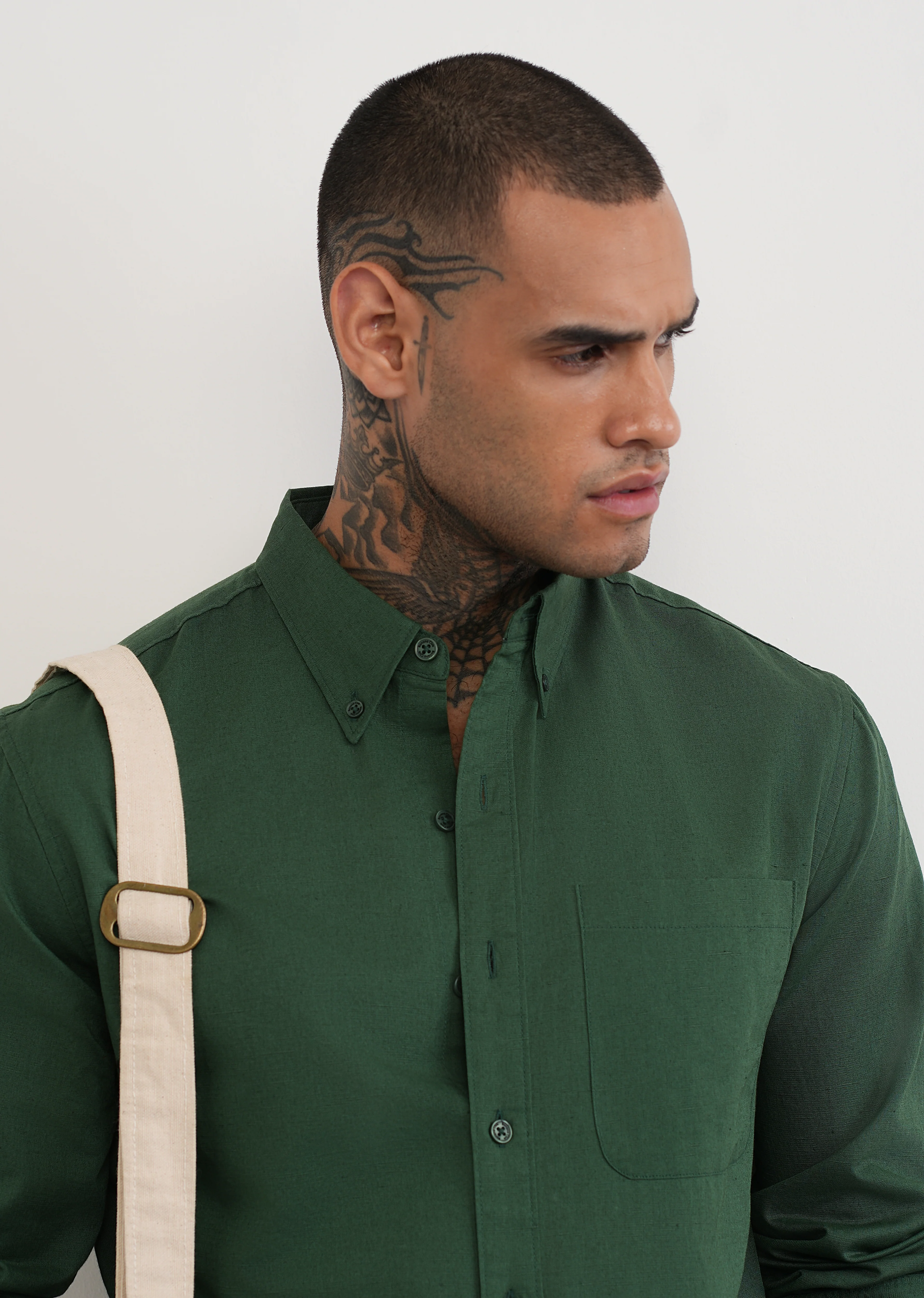 Green Cotton Linen Plain Shirt - Image 5
