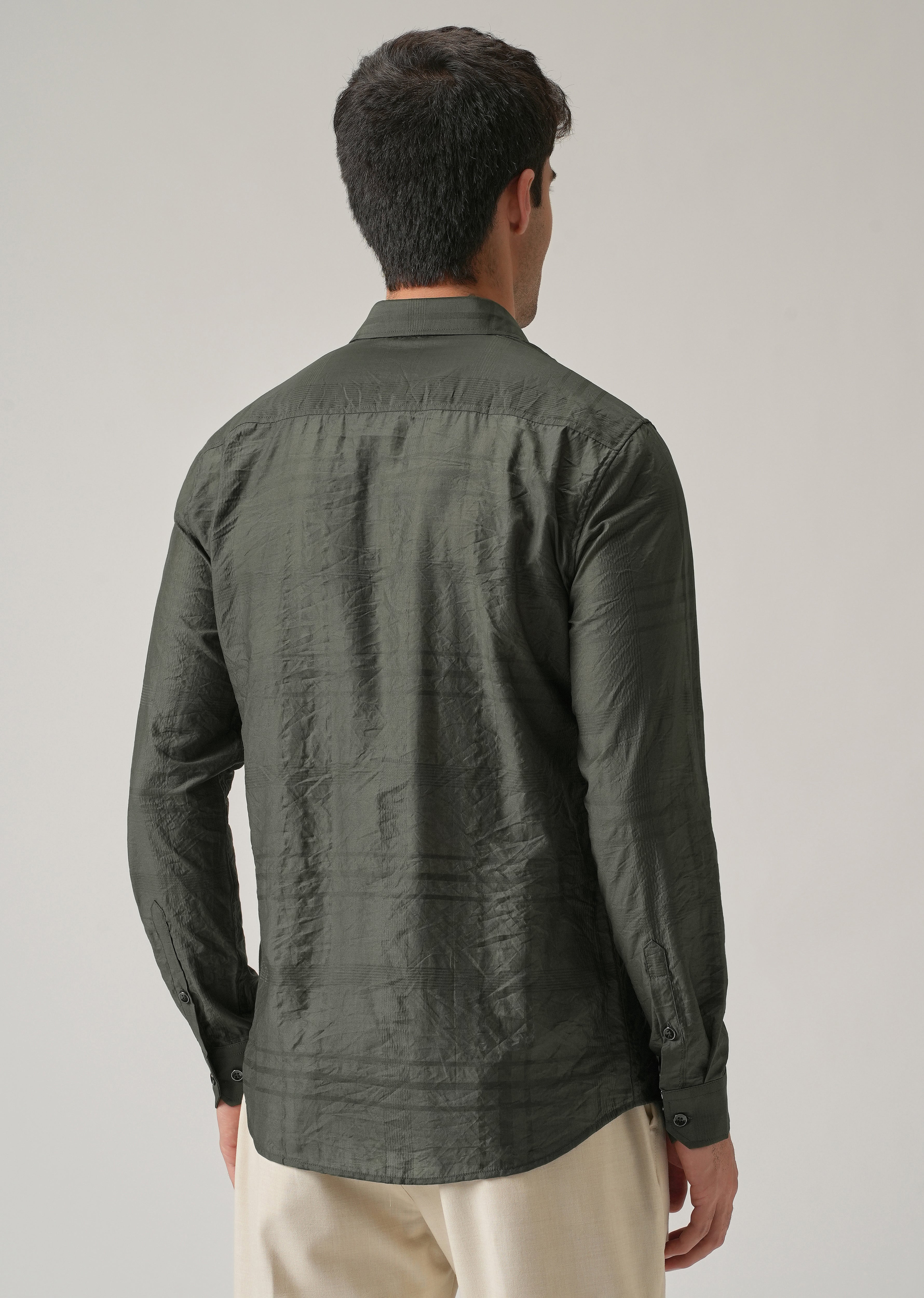 Green Crinkled Self Stripe Shirt - Image 2